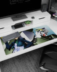 Lockon Stratos with Gundam Dynames filling the frame on an anime desk pad 36x16 inches.