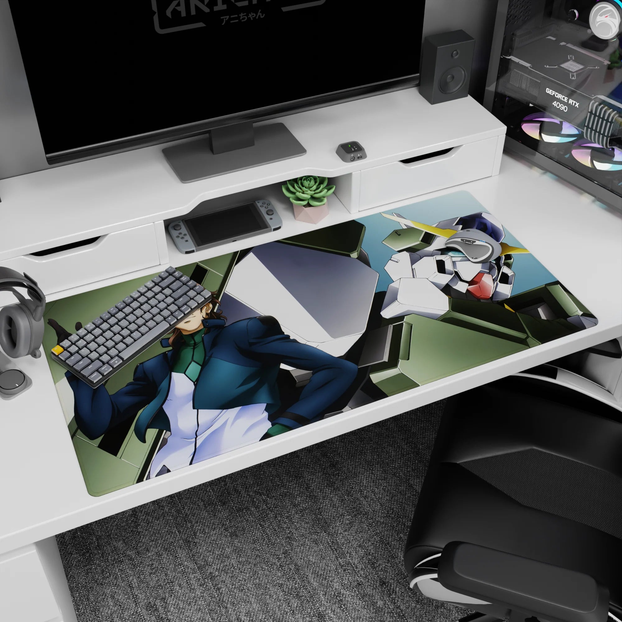 Lockon Stratos leaning cool beside Gundam Dynames, anime desk pad 40x20 inches under pale sky.