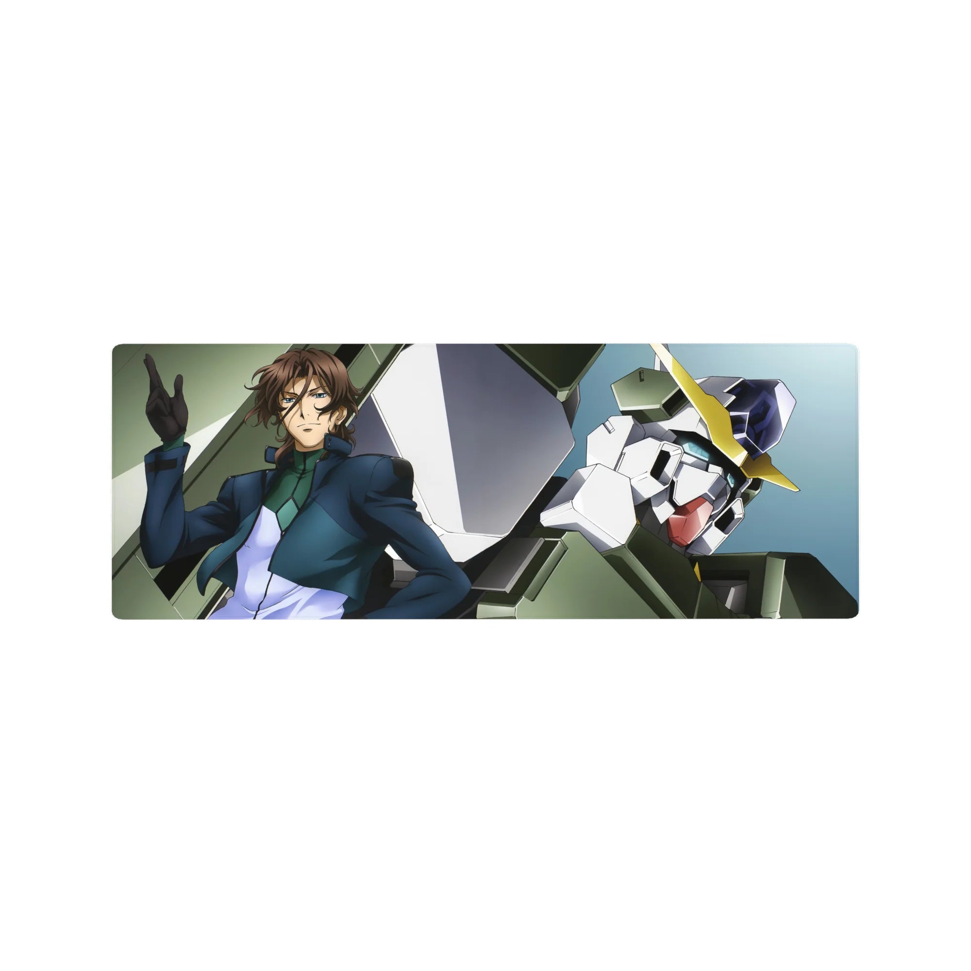 32x12 inches anime mouse pad featuring Lockon Stratos with Gundam Dynames, bold mech panels and V-fin.
