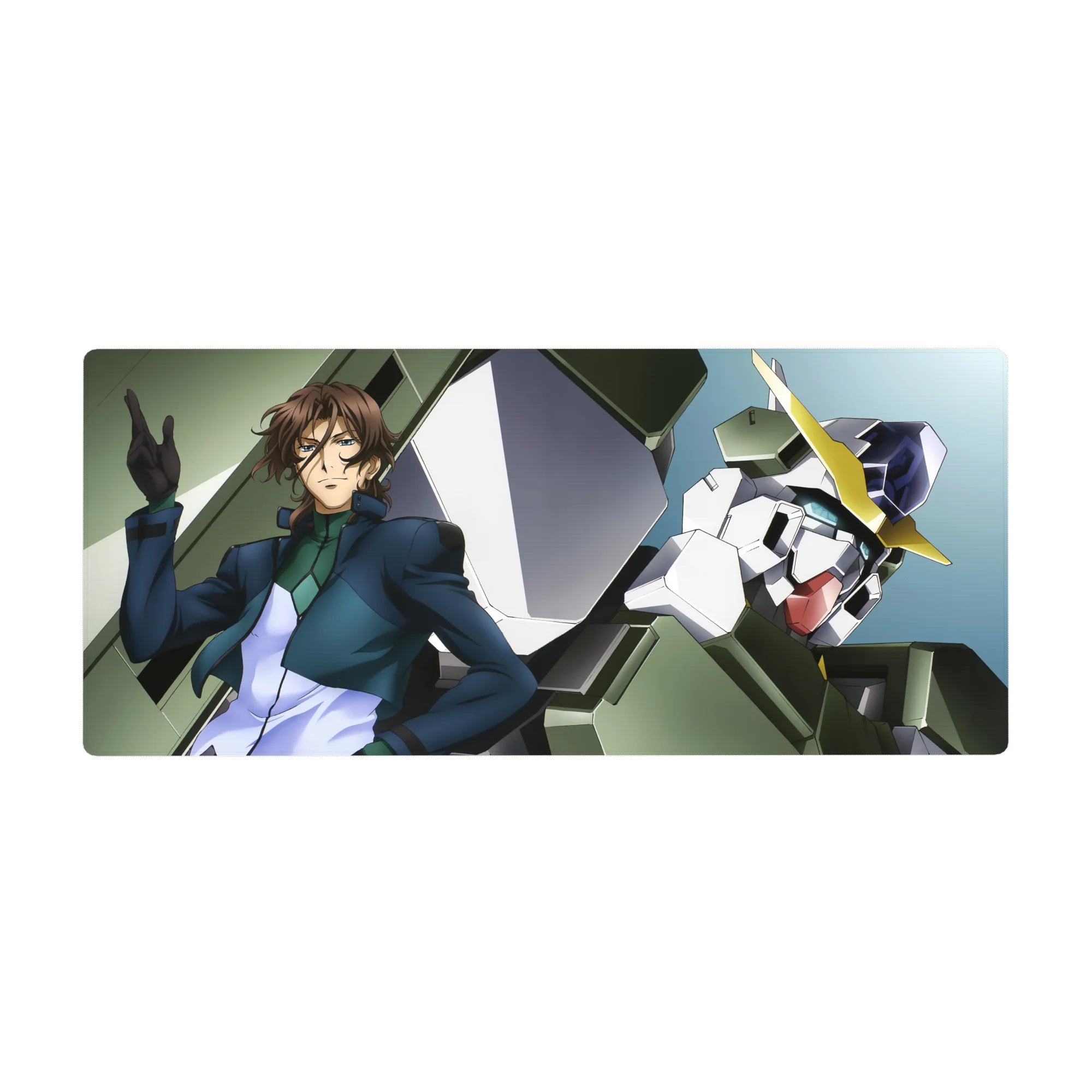 Gundam 00 anime desk pad 36x16 inches with Lockon Stratos and Gundam Dynames, crisp mech art.