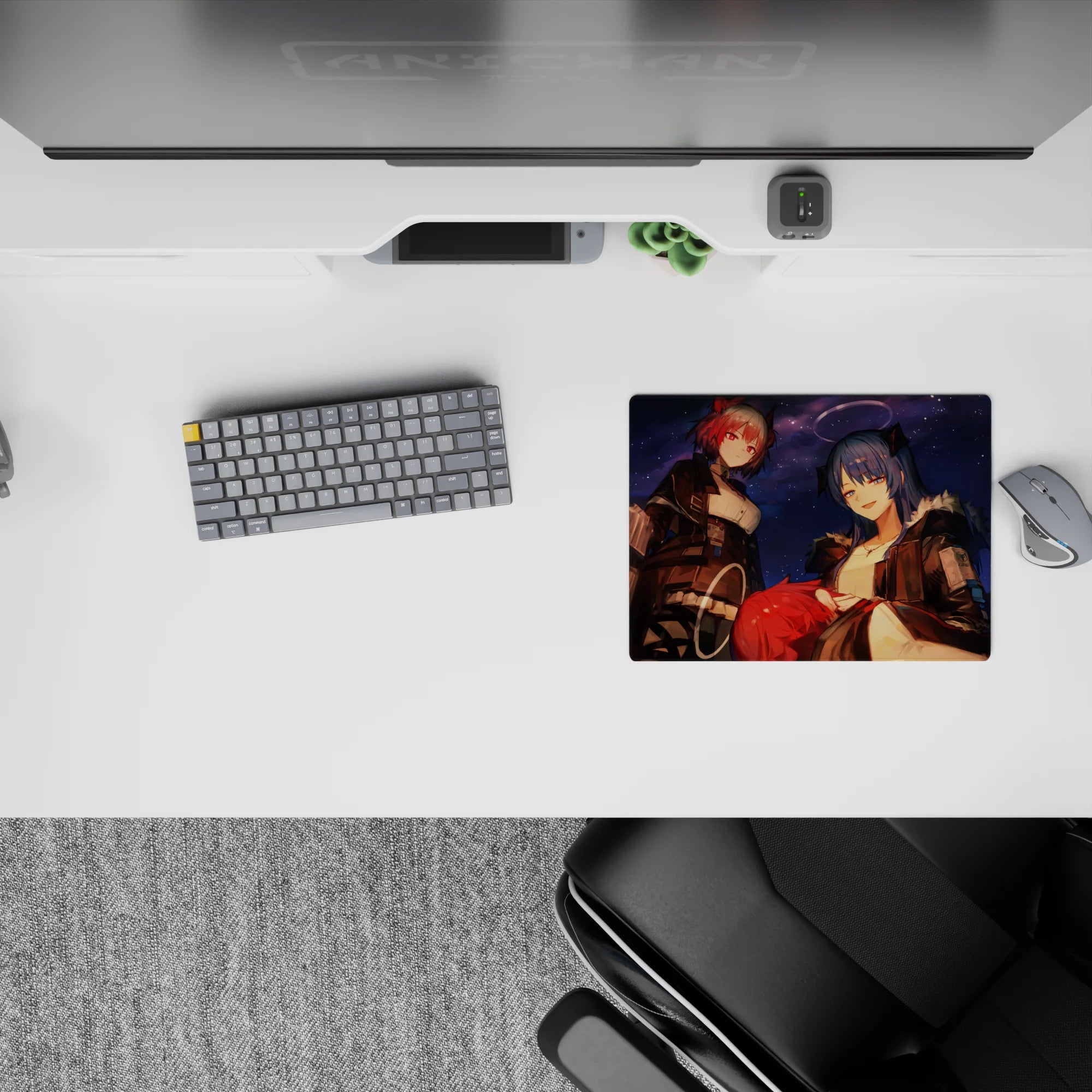 Anime girl mouse pad 14x10 inches in deep navy with punchy red accents, starry-night vibe, cozy chaos.
