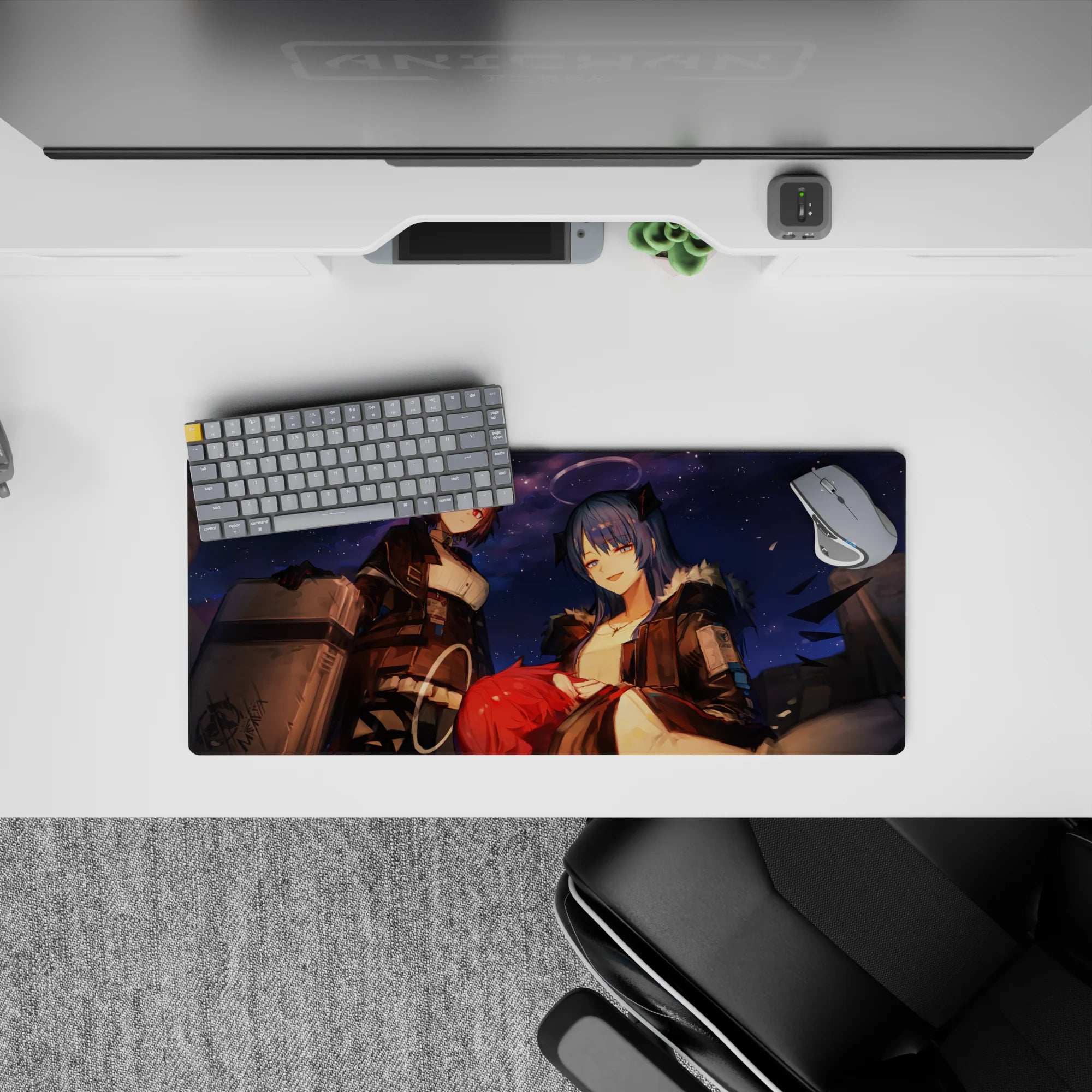28x12 inches anime girl mouse pad in deep navy with punchy red accents, cozy chaos vibe, soft gradients.