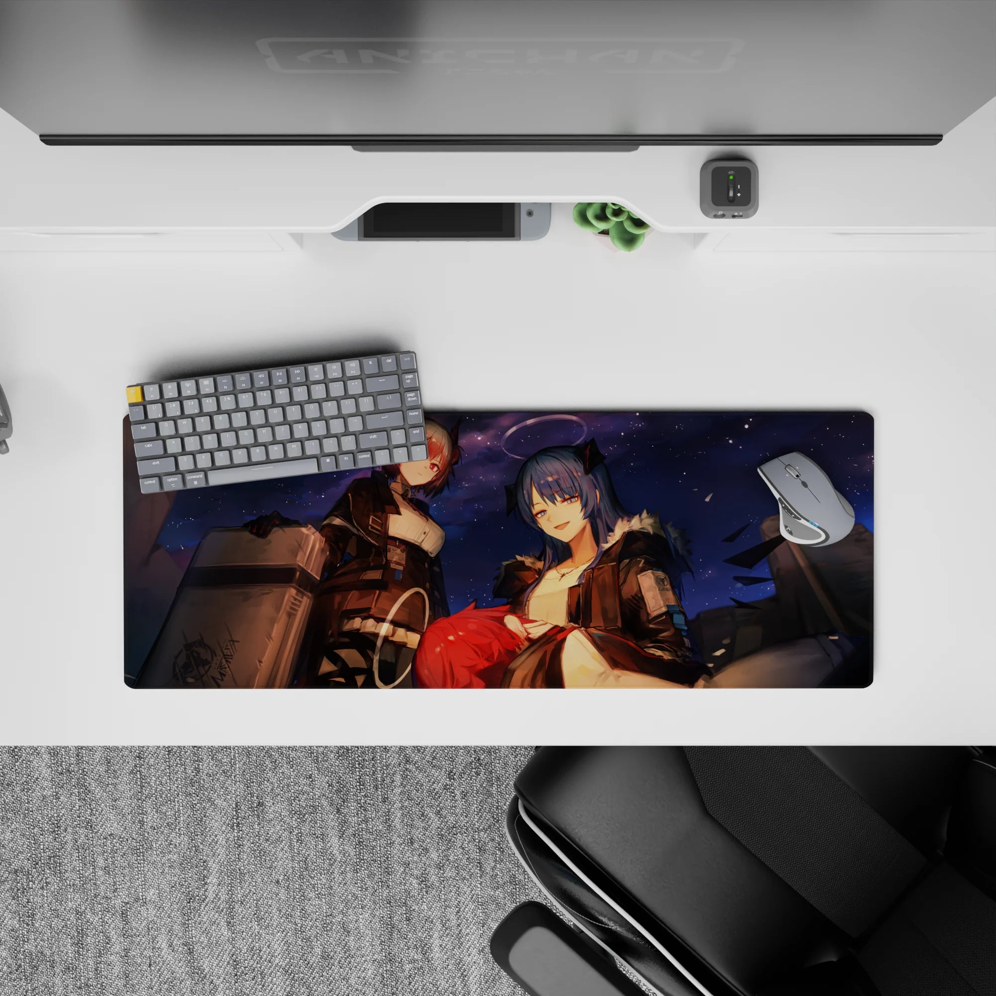 32x12 inches anime girl mouse pad in deep navy with punchy red accents, soft gradients, and cozy chaos vibe.