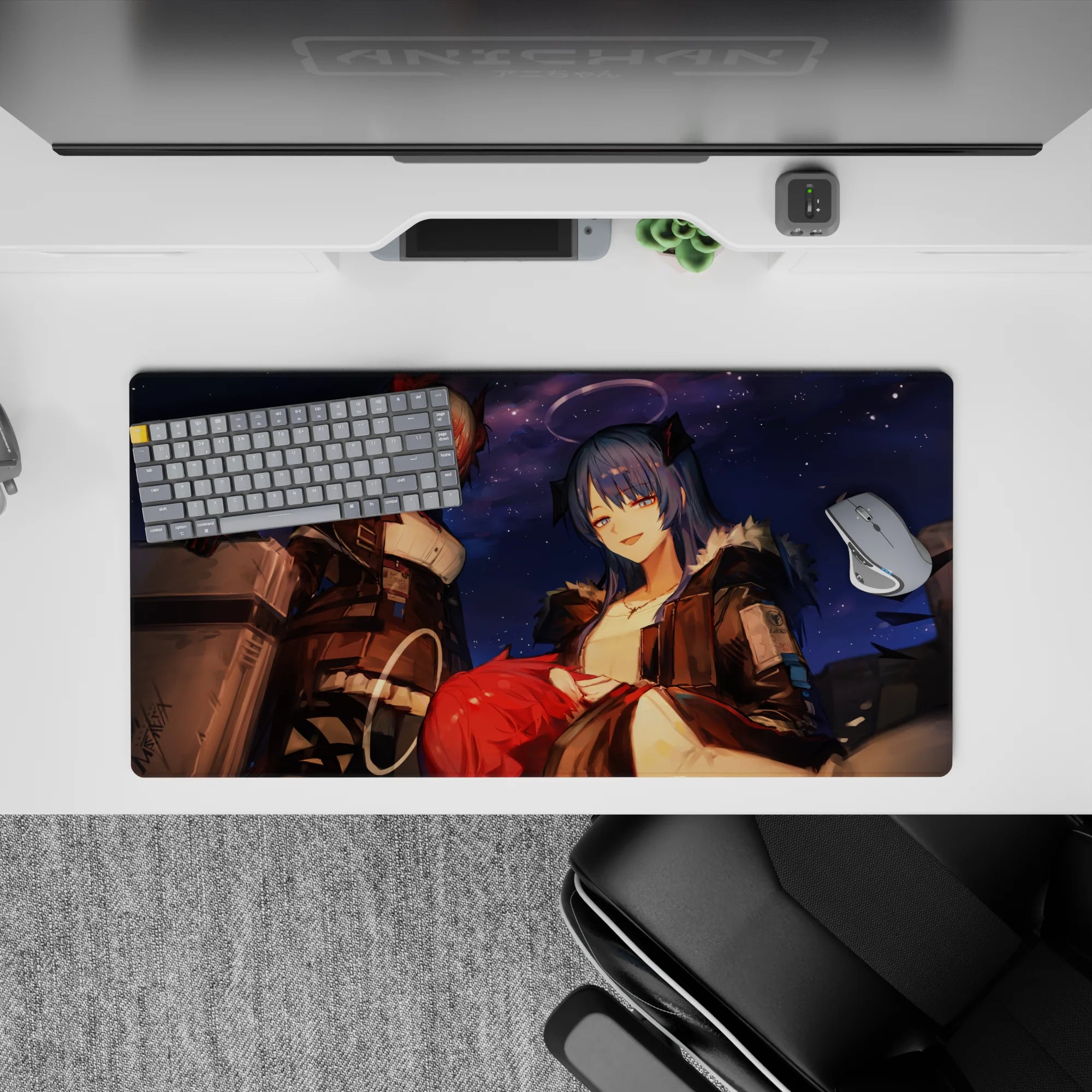 32x16 inches anime desk mat in deep navy with punchy red accents, soft gradients, and starry-night vibes.