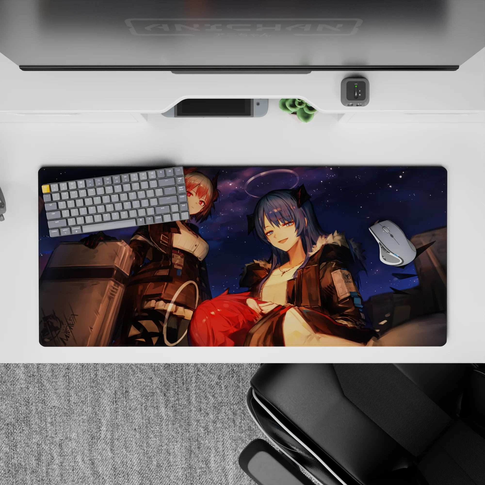 36x16 inches anime girl desk pad in deep navy with punchy red accents, starry-night vibe, cozy chaos.