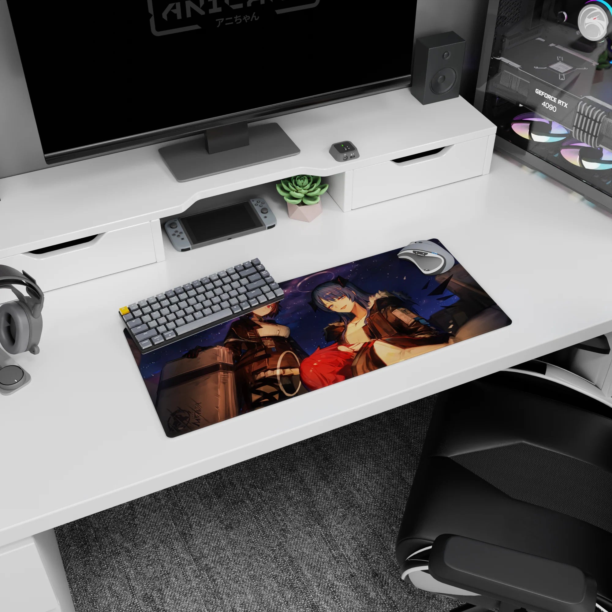 28x12 inches anime girl mouse pad showing two girls leaning in under a starry sky, bold attitude desktop art.