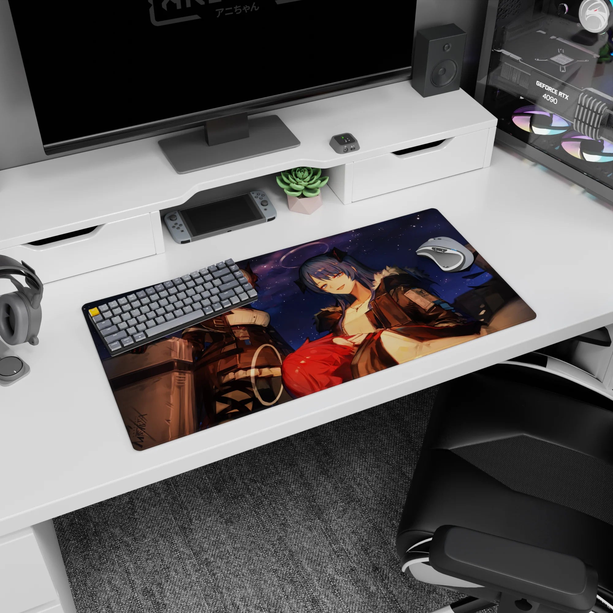 32x16 inches mouse pad showing two anime girls leaning in together, playful attitude, cozy chaos, crisp highlights.