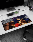 32x16 inches mouse pad showing two anime girls leaning in together, playful attitude, cozy chaos, crisp highlights.