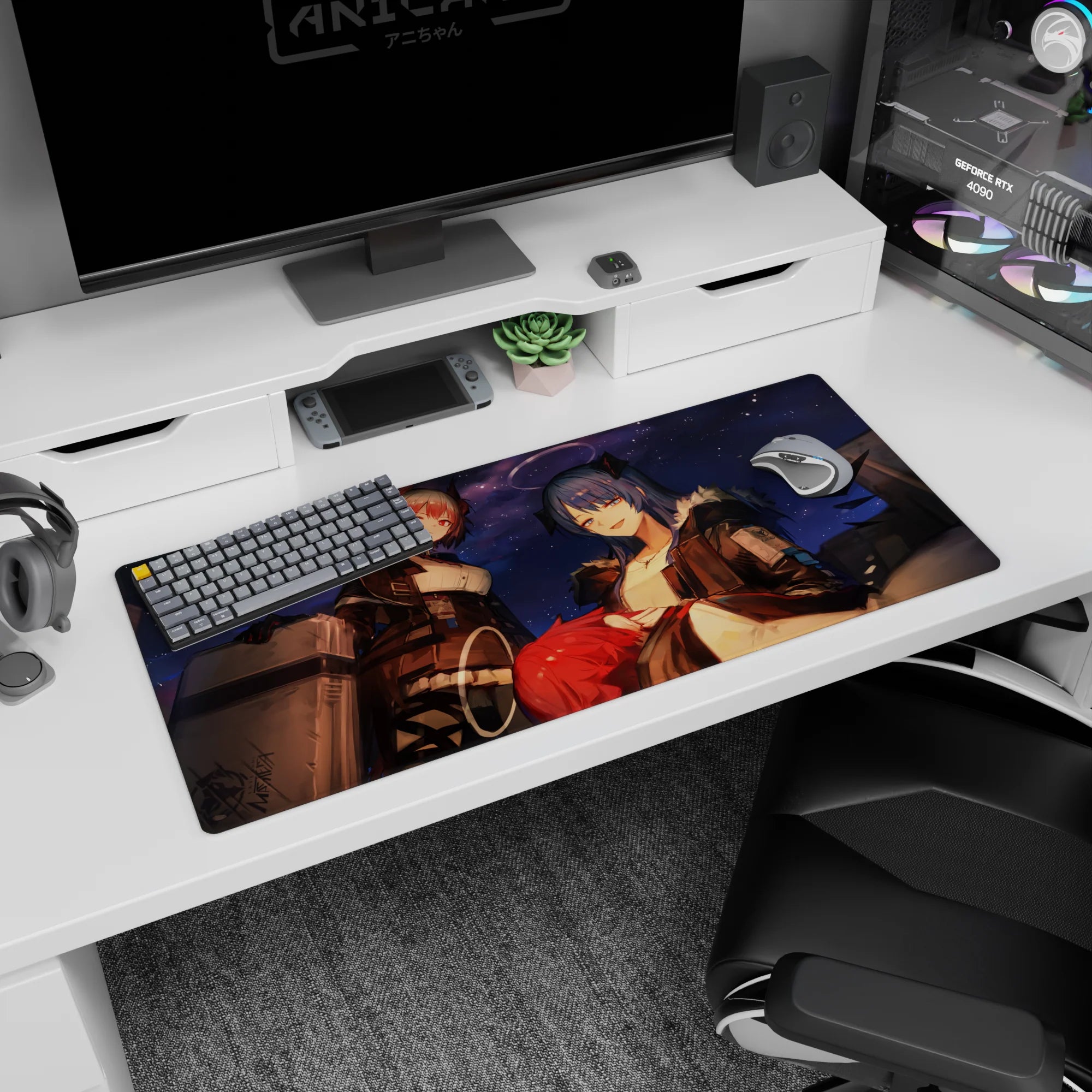 Two anime girls leaning in under a starry sky on a 36x16 inches desk pad, cute attitude and crisp glow.