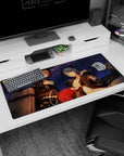 Two anime girls leaning in under a starry sky on a 36x16 inches desk pad, cute attitude and crisp glow.