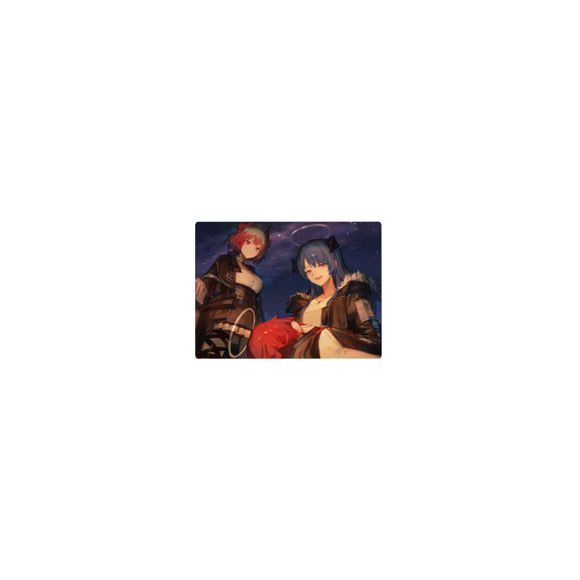 Classic anime girl mouse pad 14x10 inches with two confident girls, steel cases, and fur-trim jackets.