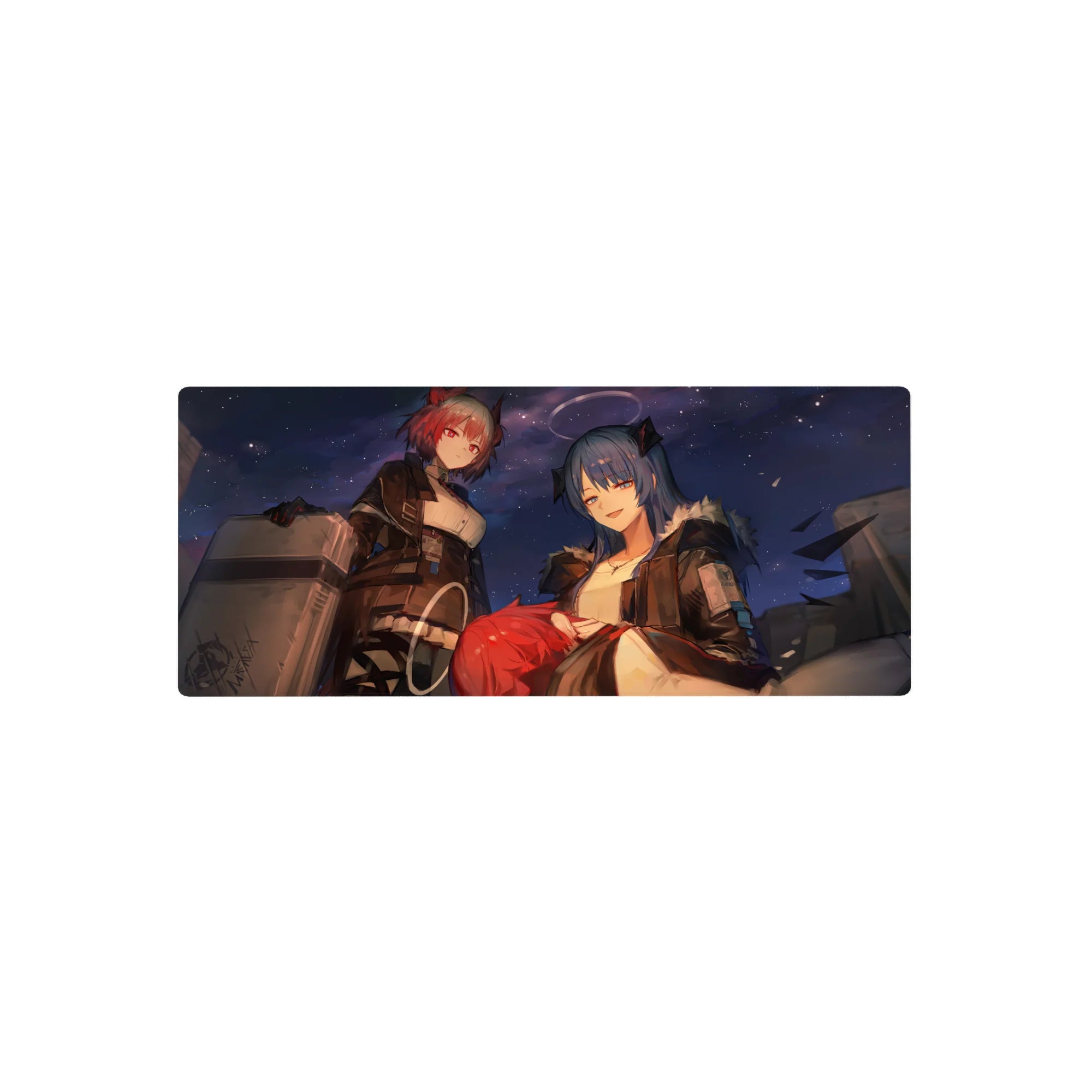 28x12 inches anime girl mouse pad with two confident girls, steel cases, fur-trim jackets, starry night.