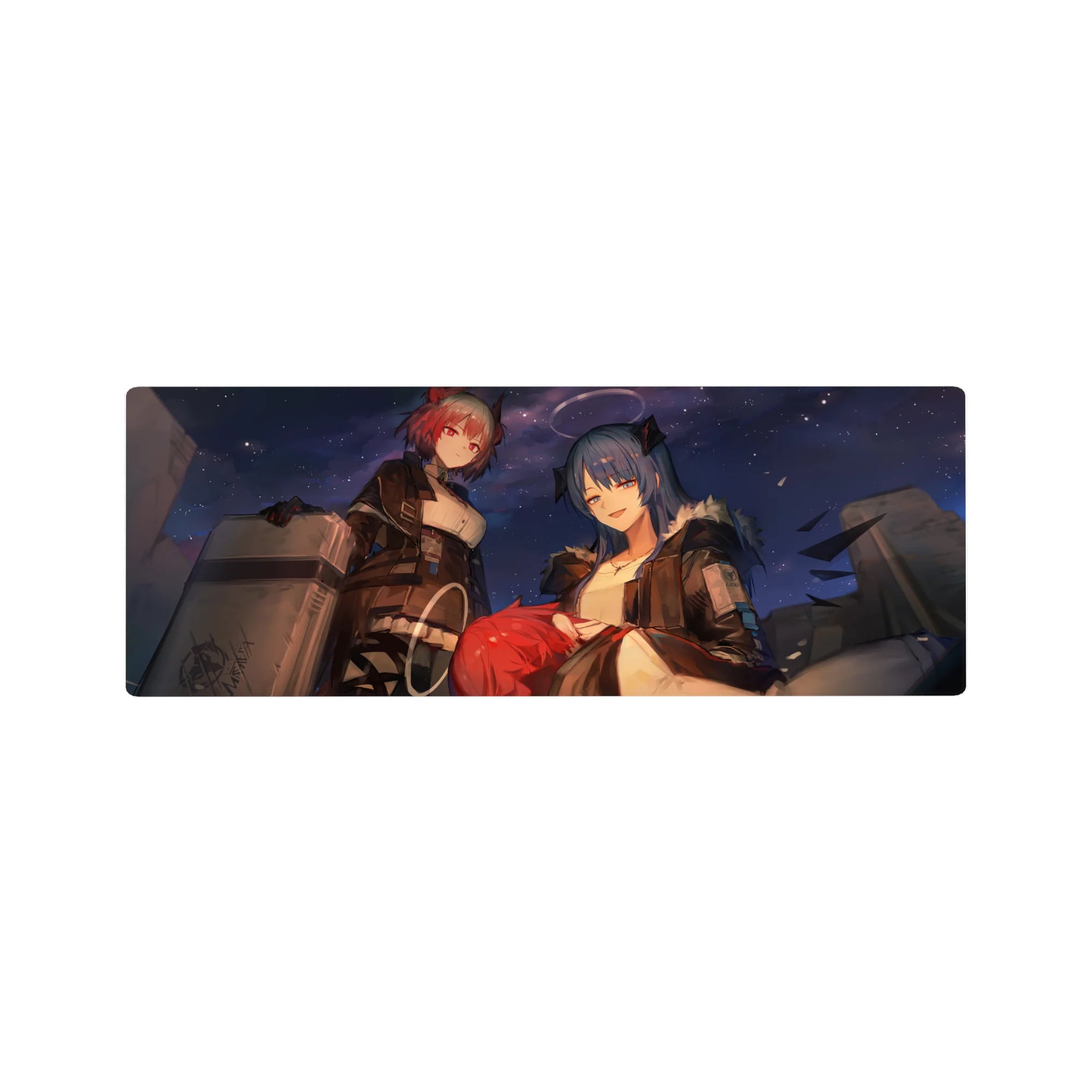 32x12 inches anime girl mouse pad with two confident girls, steel cases, and fur-trim jackets under night sky.