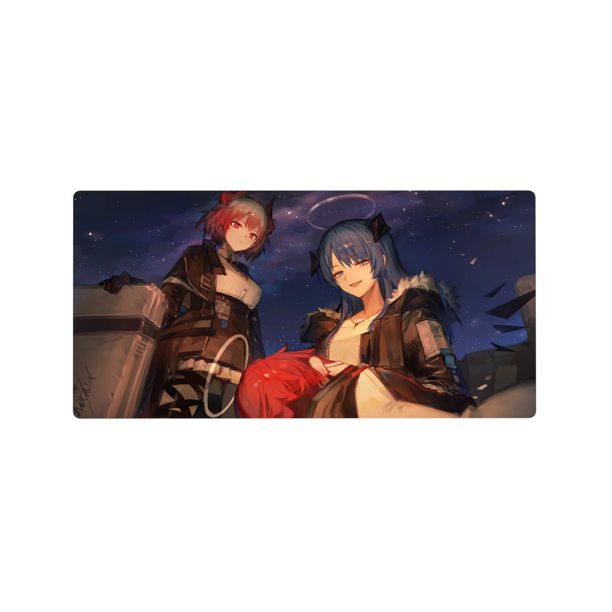 32x16 inches anime girl mouse pad with two confident girls, steel cases, and fur-trim jackets under night sky.