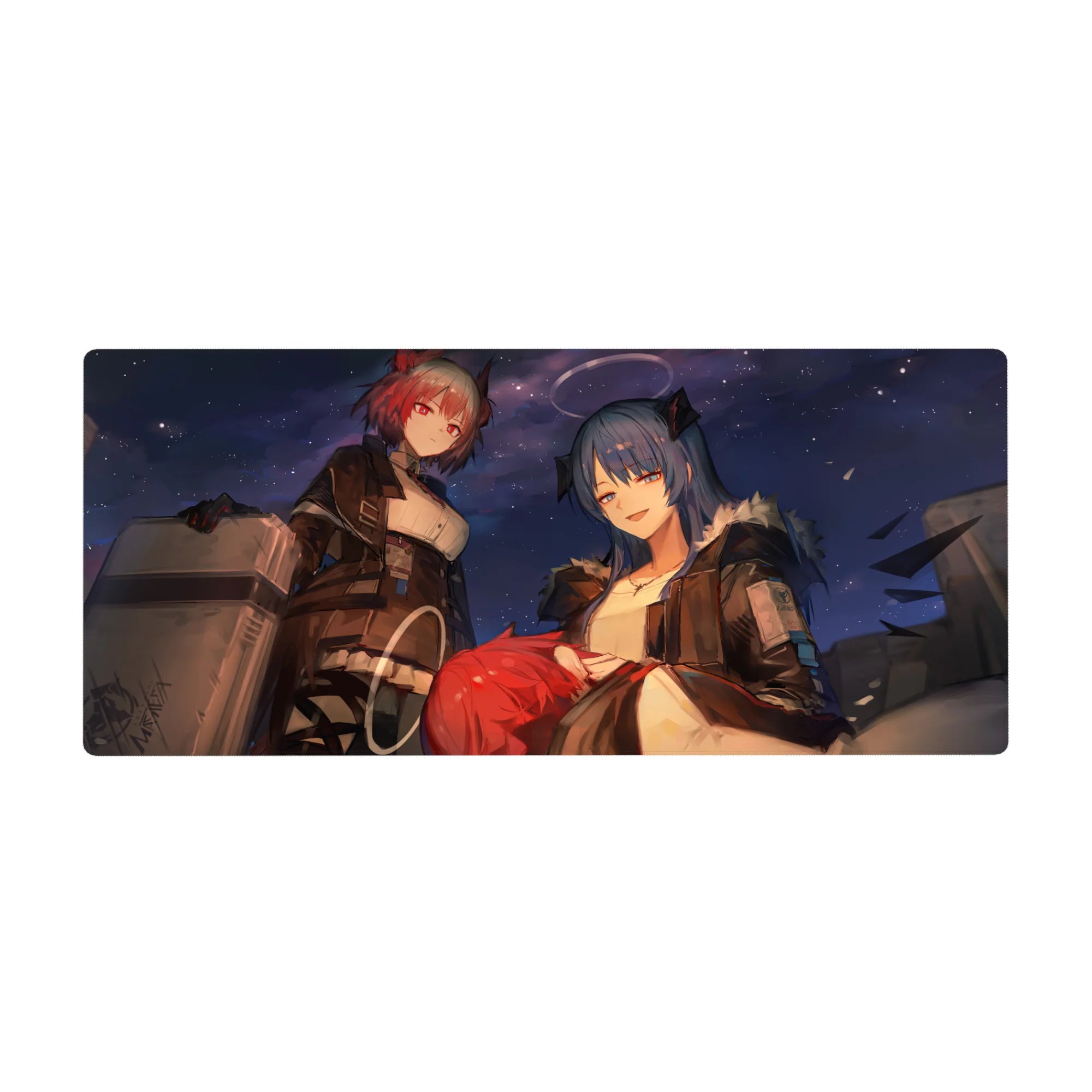 Anime girl desk pad 36x16 inches with two confident girls, fur-trim jackets, and steel-case details.