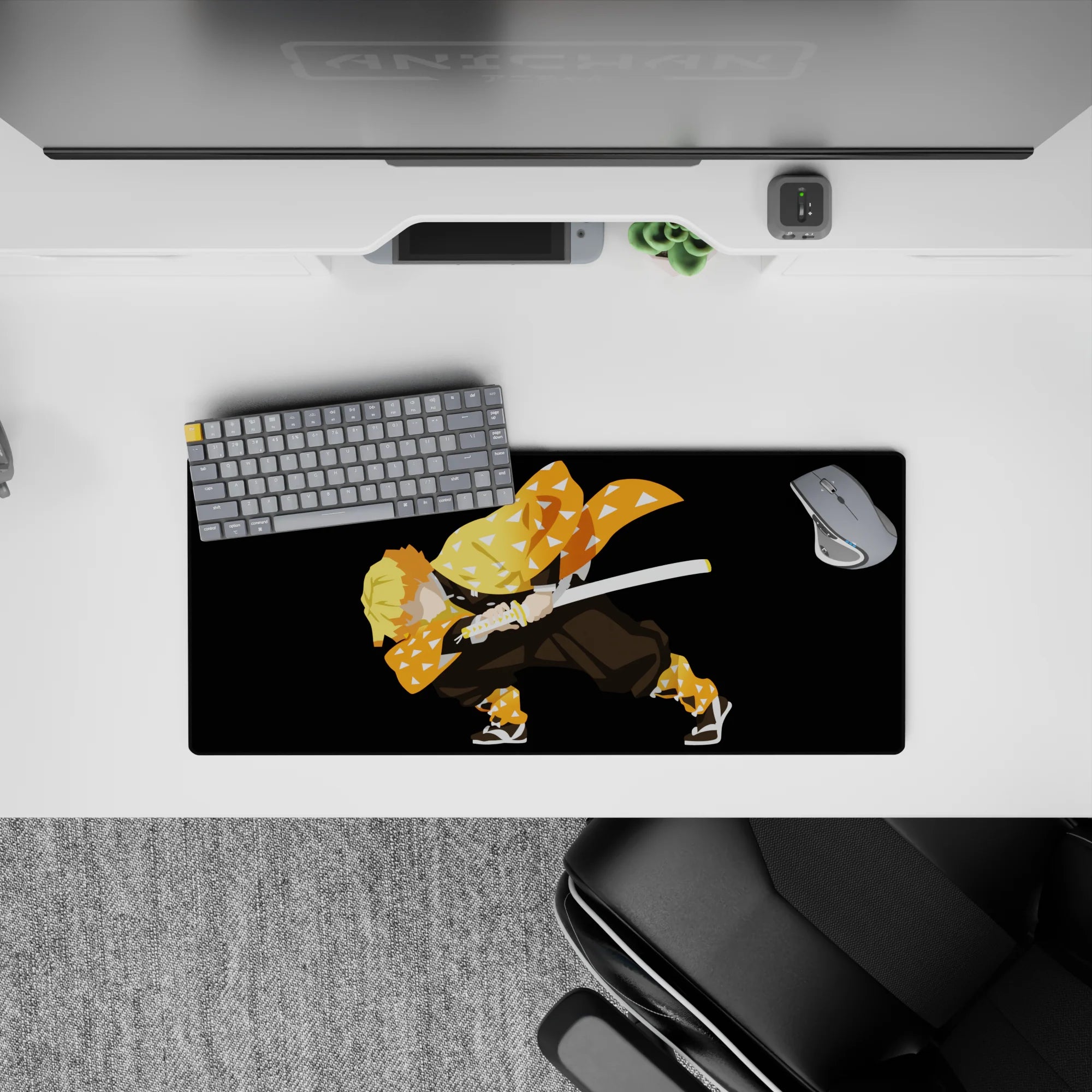 Zenitsu anime mouse pad, 28x12 inches, showcasing Zenitsu Agatsuma in a fierce stance with his orange haori and sword.