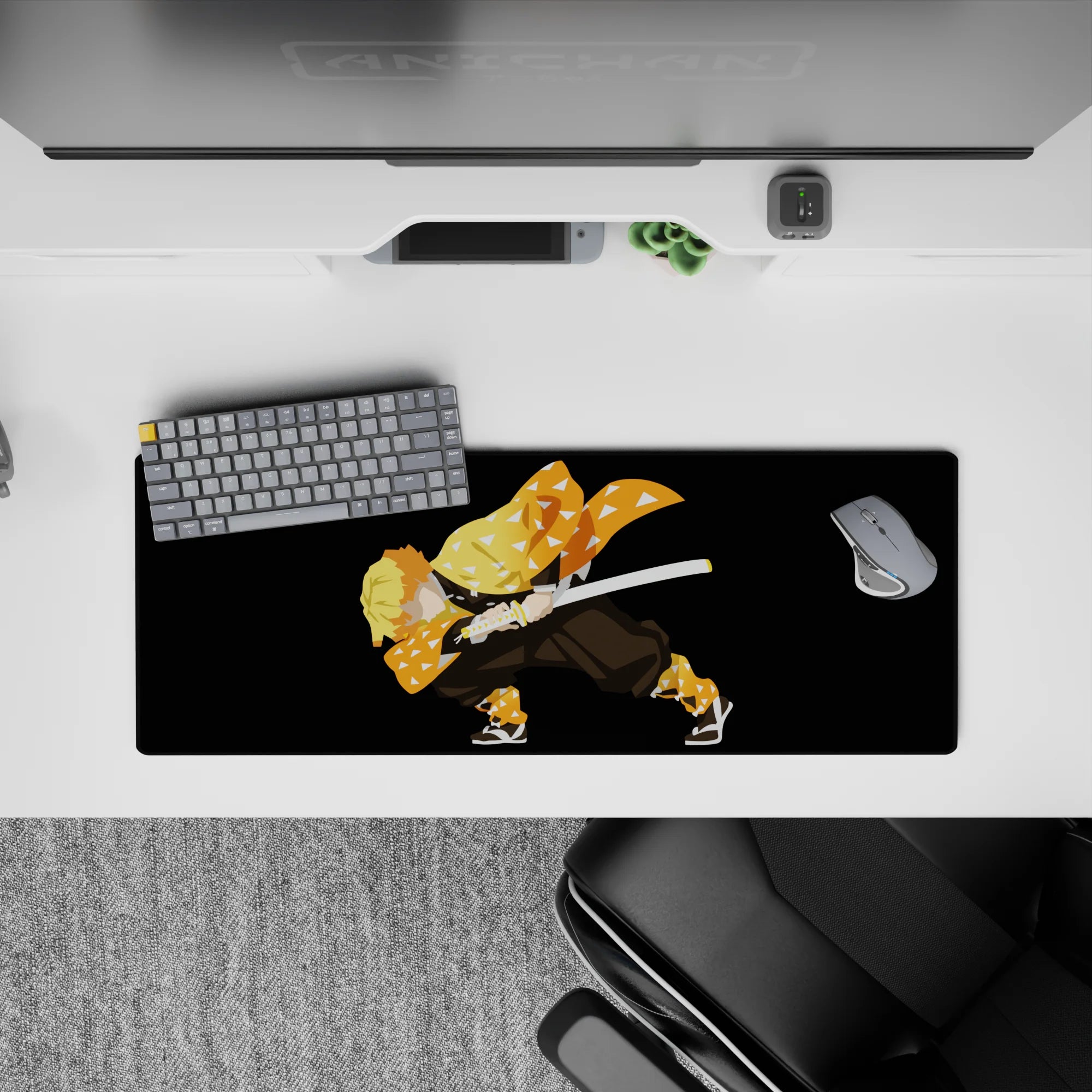 Anime mouse pad 32x12 inches featuring Zenitsu from Demon Slayer, showcasing his iconic orange haori and fierce stance.