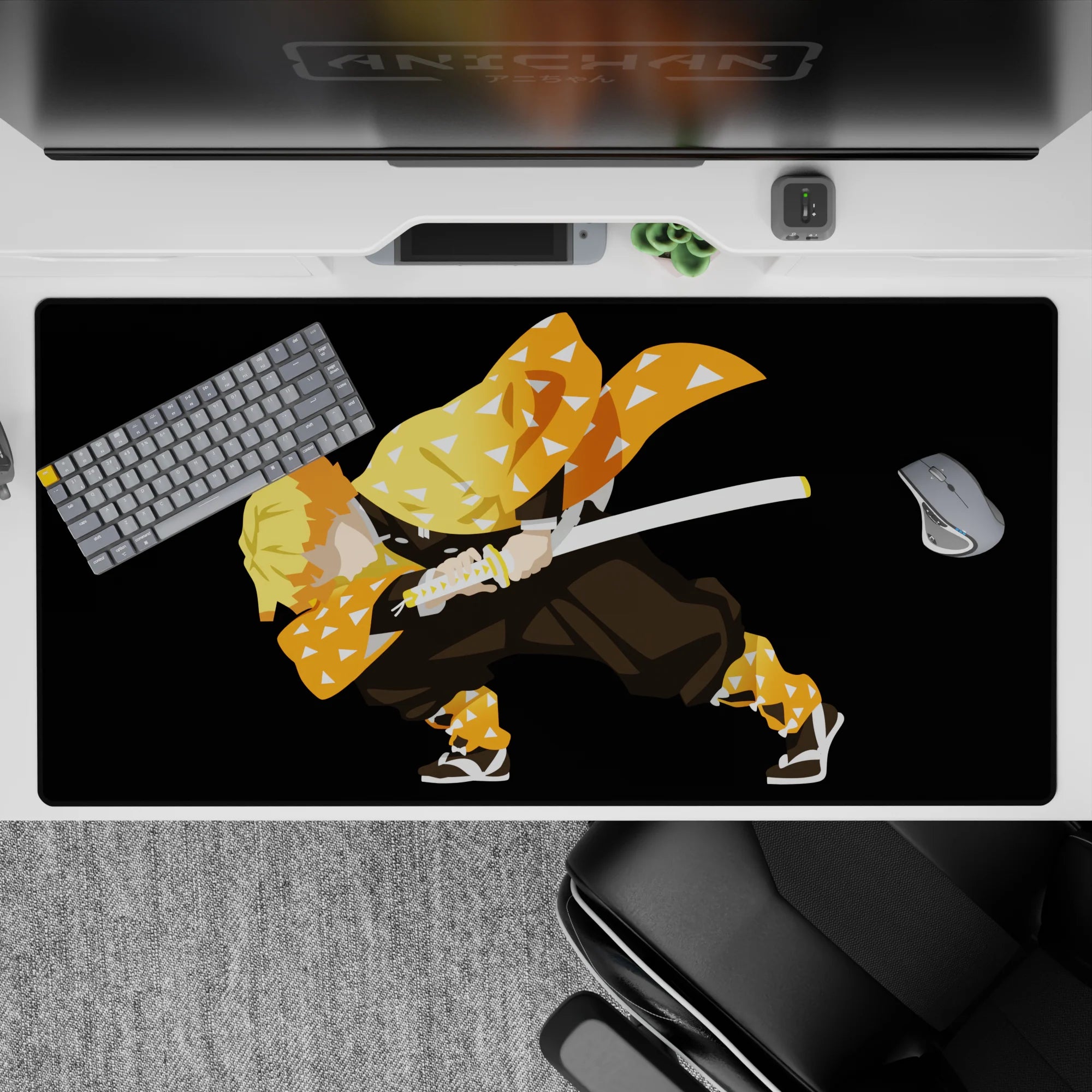 Anime desk pad 40x20 inches featuring Zenitsu from Demon Slayer, showcasing his iconic orange haori and fierce stance.