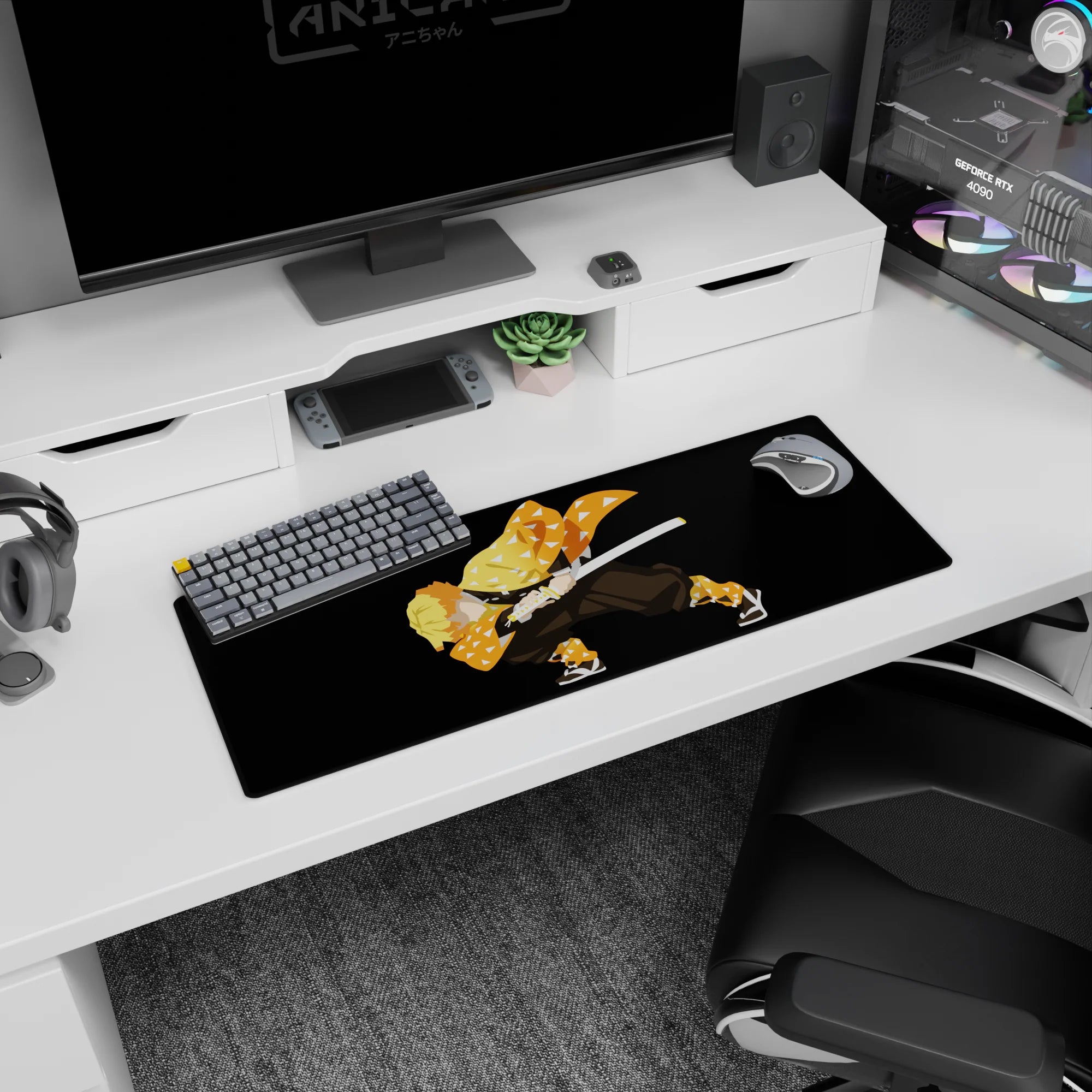 Anime mouse pad 32x12 inches featuring Zenitsu from Demon Slayer, showcasing his iconic orange haori and poised stance.