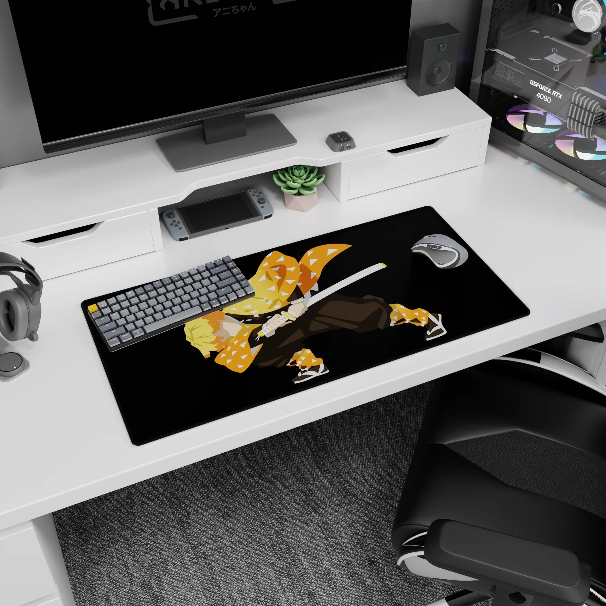 Zenitsu anime mouse pad 32x16 inches, featuring Zenitsu in a fierce pose with orange haori and closed eyes, ready for action.