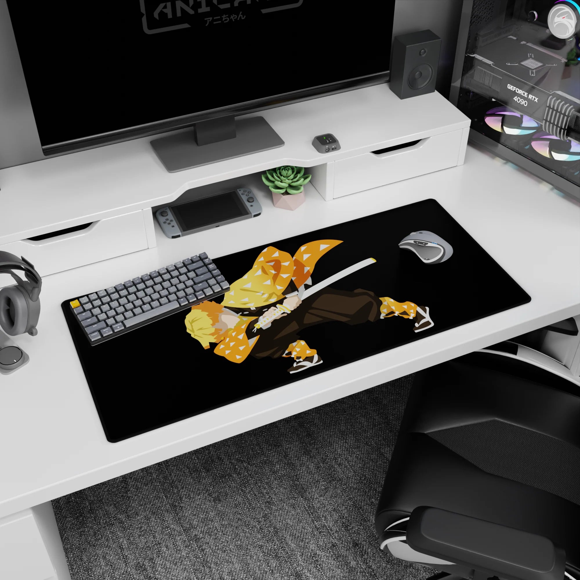 Anime desk pad 36x16 inches featuring Zenitsu in a bold stance with his orange haori, capturing calm before chaos.
