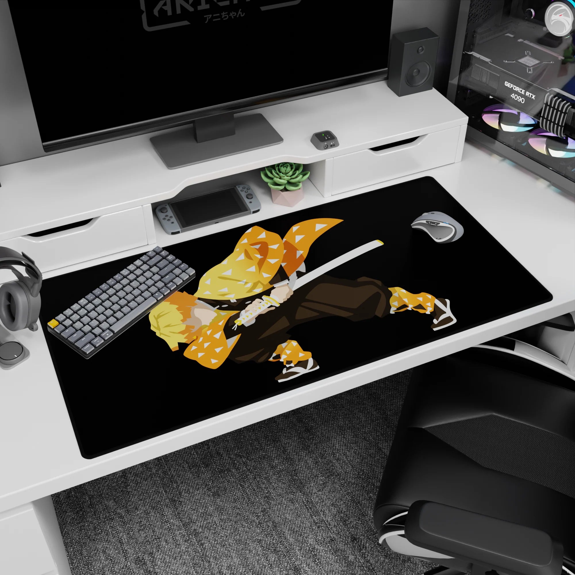 Anime desk pad 40x20 inches featuring Zenitsu from Demon Slayer in a striking pose, orange haori with white triangles.