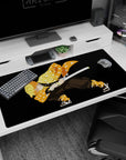 Anime desk pad 40x20 inches featuring Zenitsu from Demon Slayer in a striking pose, orange haori with white triangles.