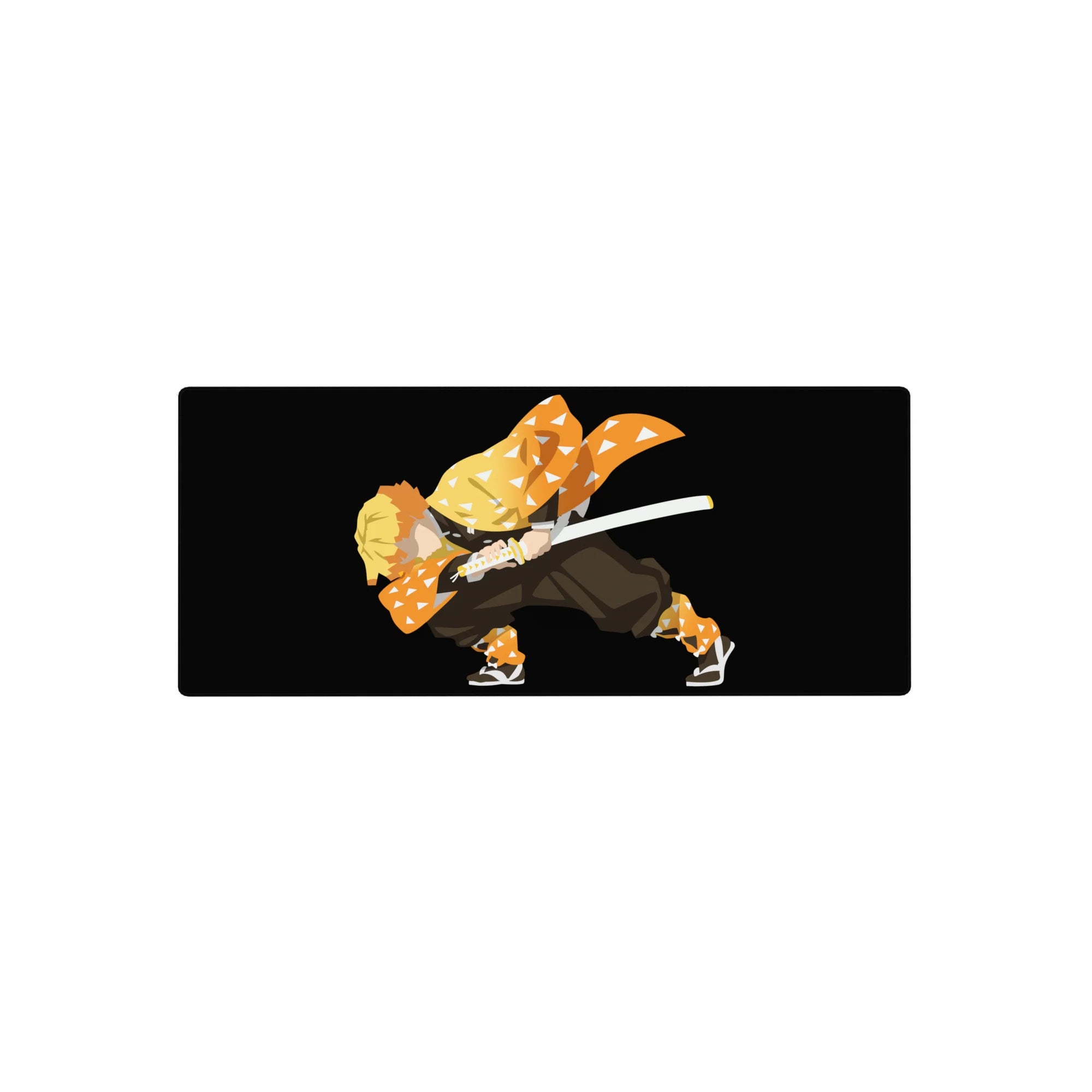 Zenitsu from Demon Slayer on 28x12 inch anime mouse pad, eyes closed, gripping sword, orange haori with white triangles.