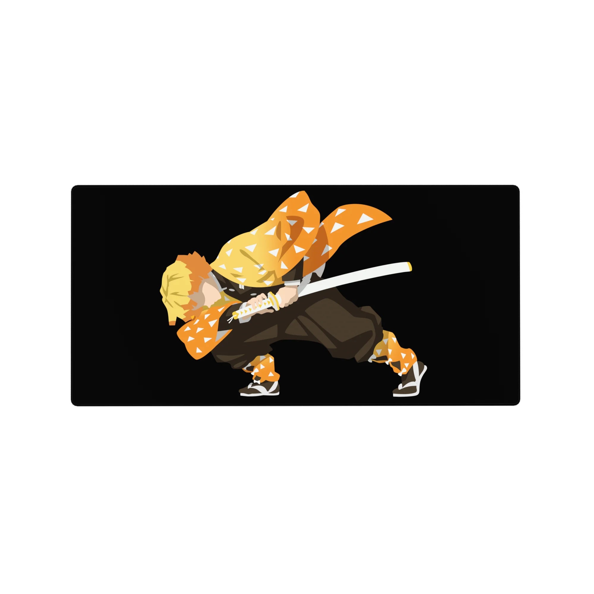 Zenitsu from Demon Slayer on 32x16 inch anime mouse pad, mid-breath with orange haori and sword, minimalist design.