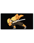 Zenitsu from Demon Slayer on 32x16 inch anime mouse pad, mid-breath with orange haori and sword, minimalist design.