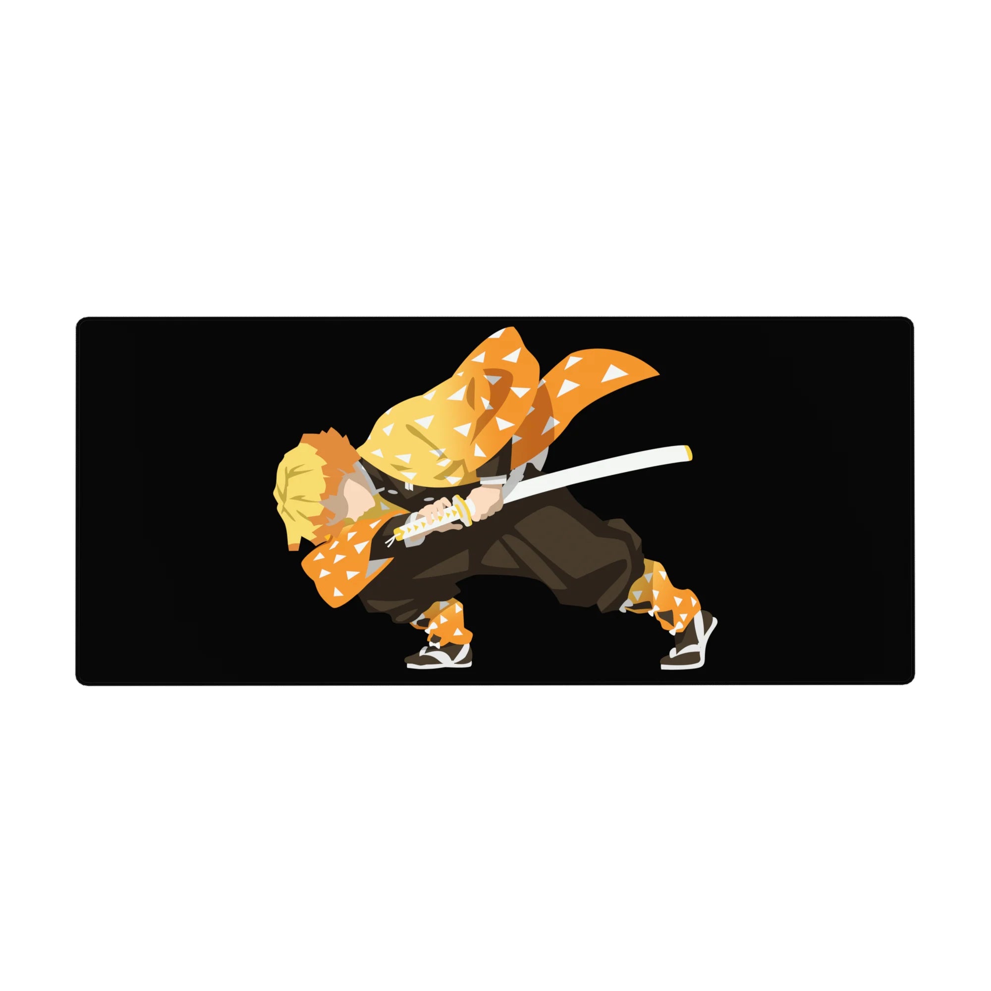 Anime desk pad 36x16 inches featuring Zenitsu from Demon Slayer in a fierce pose, orange haori with white triangles.