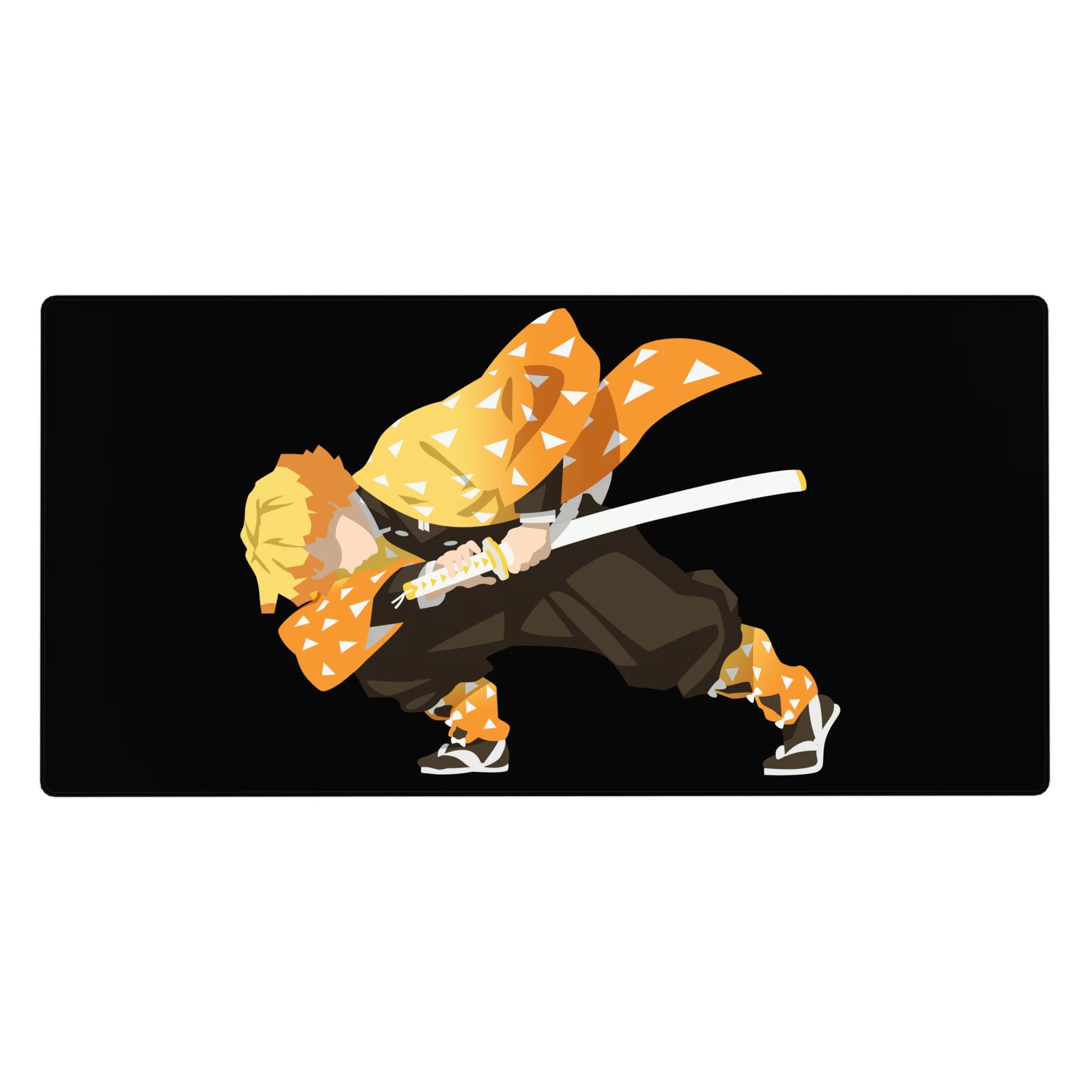 Anime desk pad 40x20 inches featuring Zenitsu from Demon Slayer, showcasing his iconic orange haori in a poised stance.