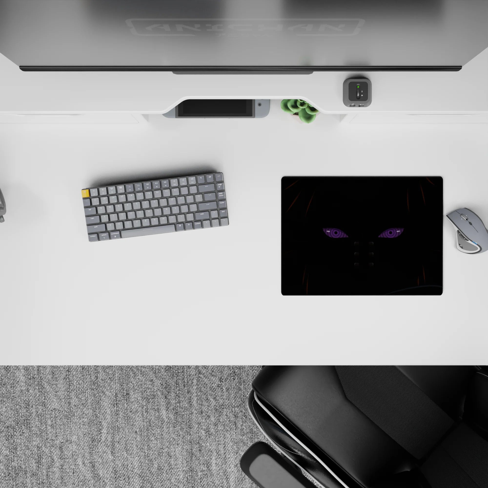 Moody violet-eyed anime mouse pad 14x10 inches in deep blacks with sharp orange-brown streak accents.