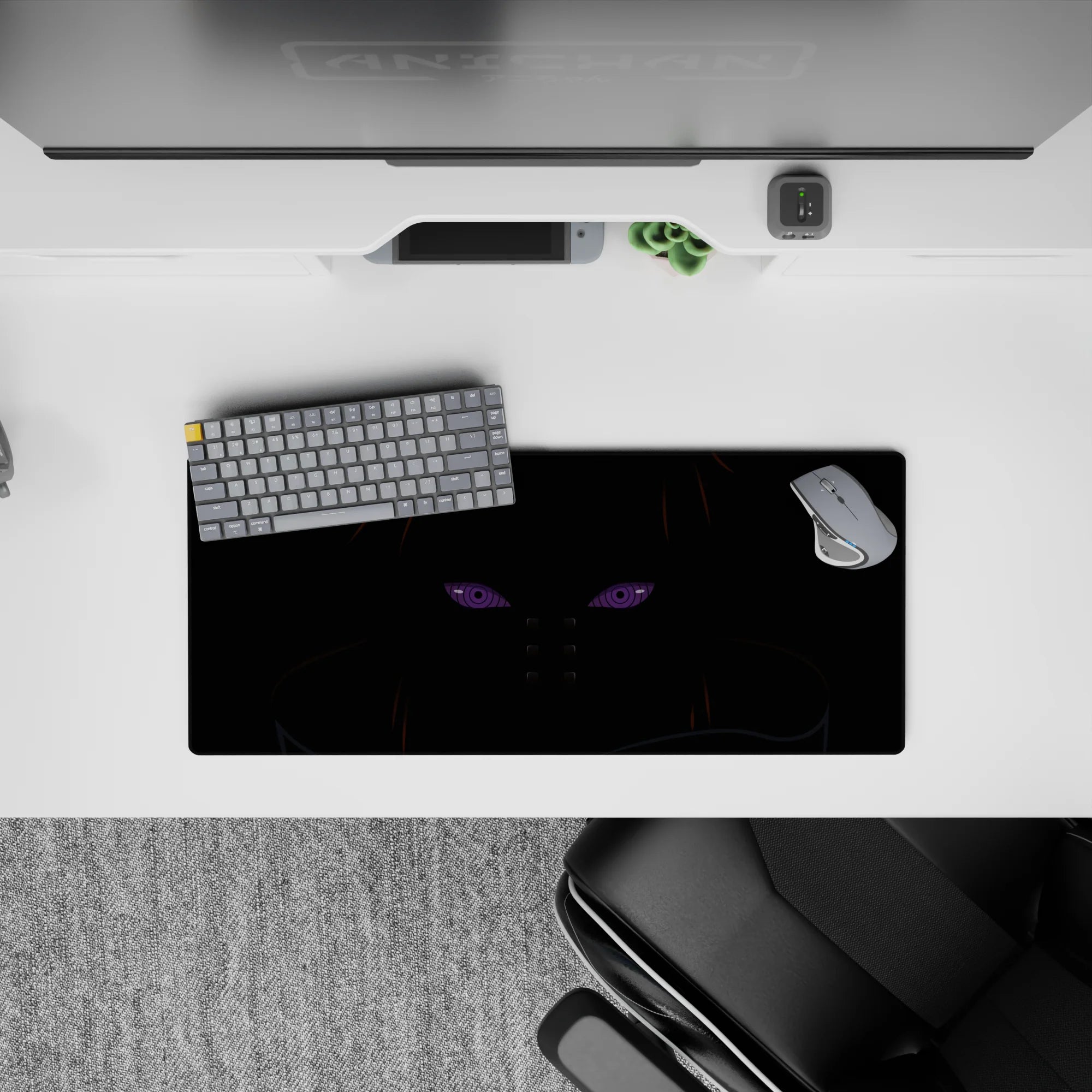 Dark moody anime mouse pad 28x12 inches in deep blacks with orange-brown accents and violet glow.