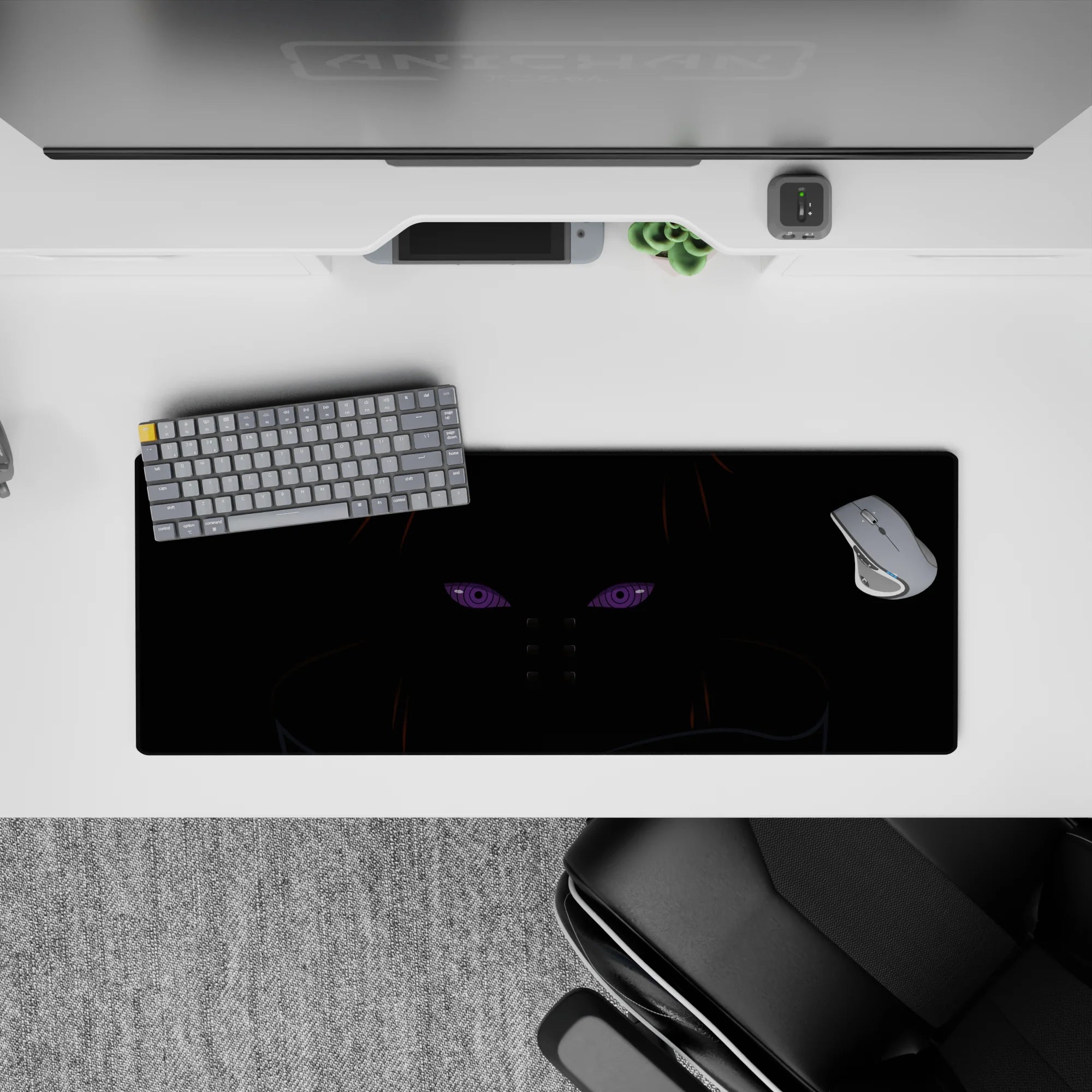 Moody black anime mouse pad with violet Rinnegan glow and orange-brown accents, 32x12 inches.