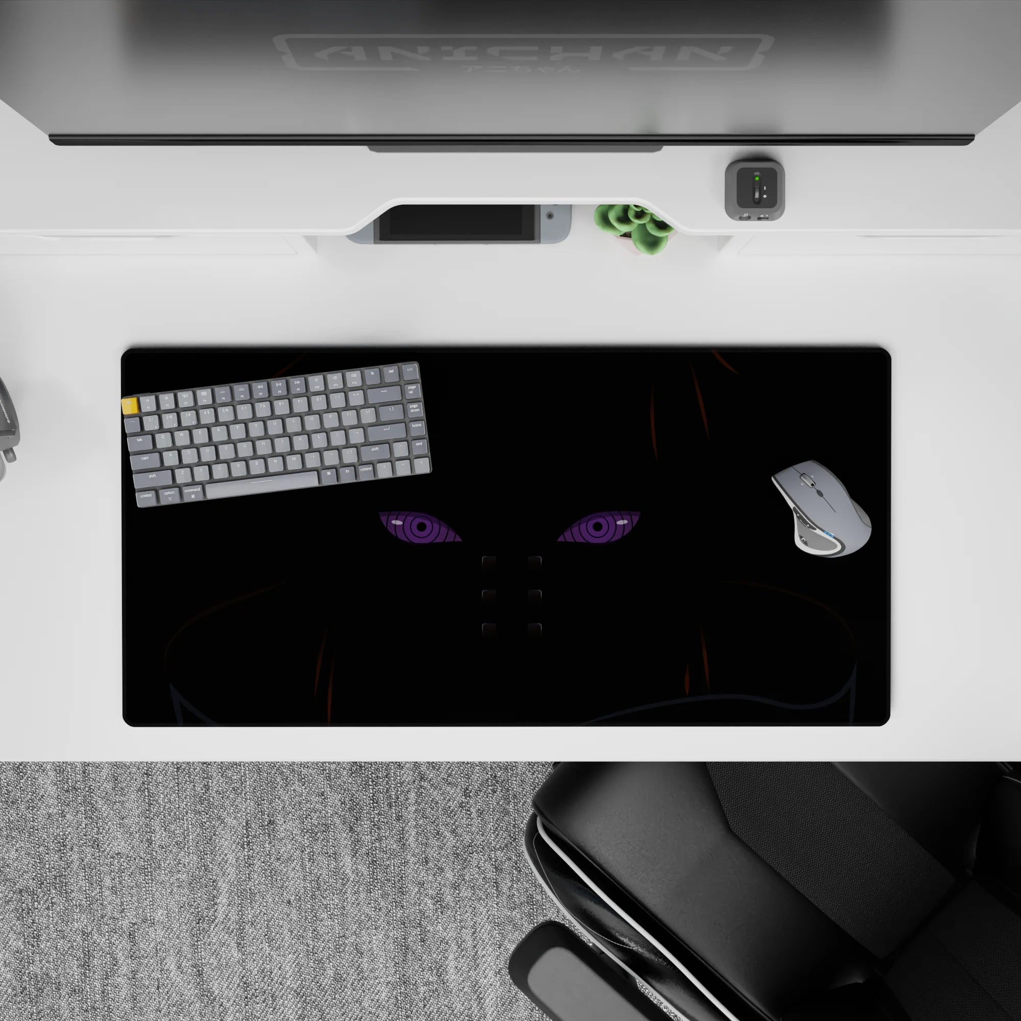 32x16 inches anime mouse pad in deep blacks with violet glow and orange-brown accents, moody late-night vibe.