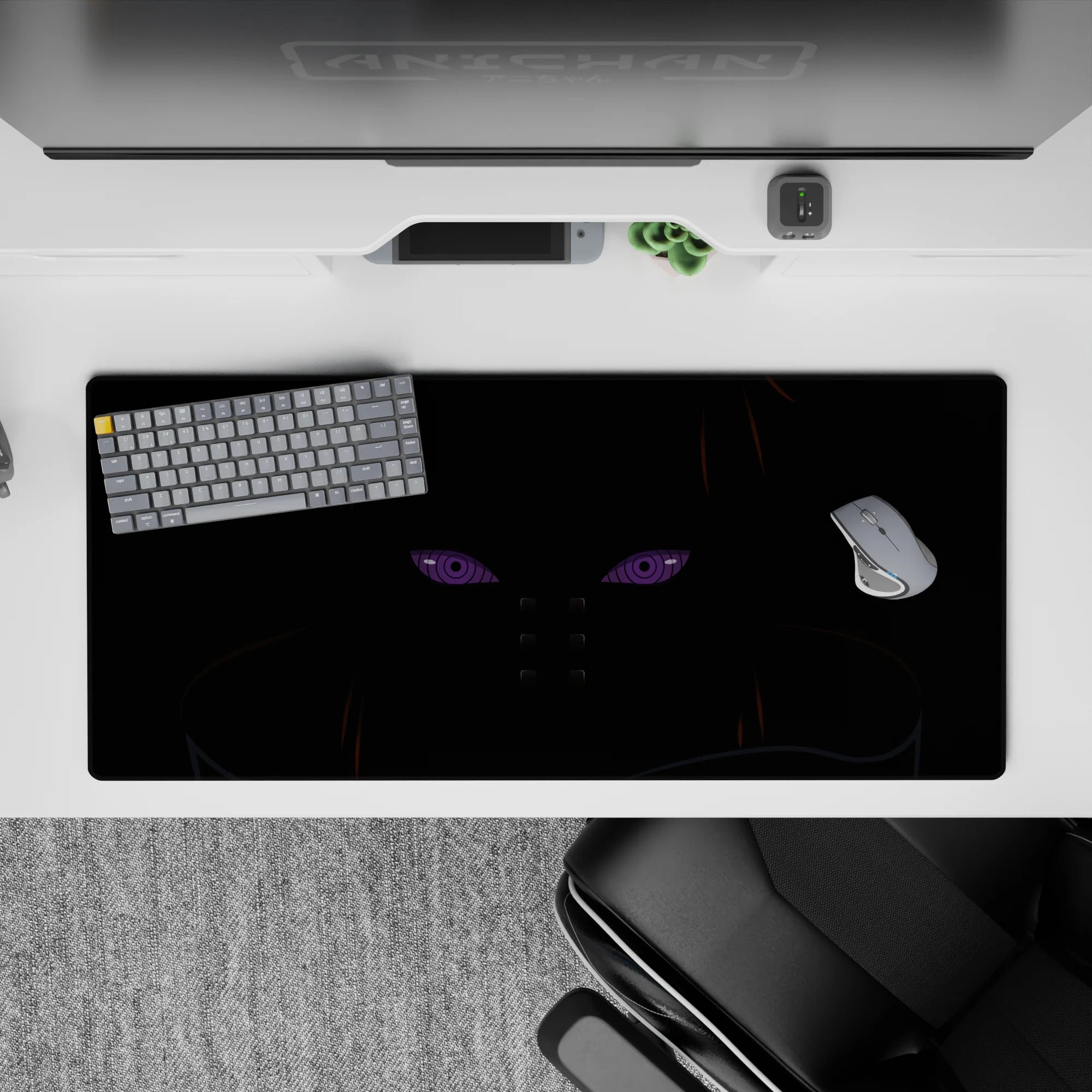 36x16 inches anime desk pad in deep blacks with cold violet Rinnegan glow, moody late-night aesthetic.