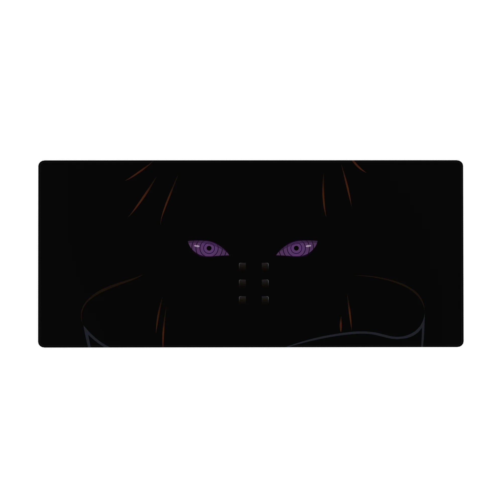 36x16 inches anime desk pad with Pain Rinnegan design, dark silhouette, orange-brown accents, clean detail.