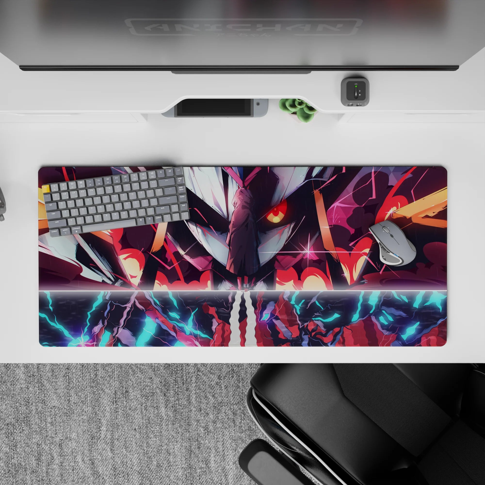 Striking 36x16 mouse pad highlights the colossal mecha’s glowing red eyes, intricate details, and explosive lightning effects in stunning visual contrast