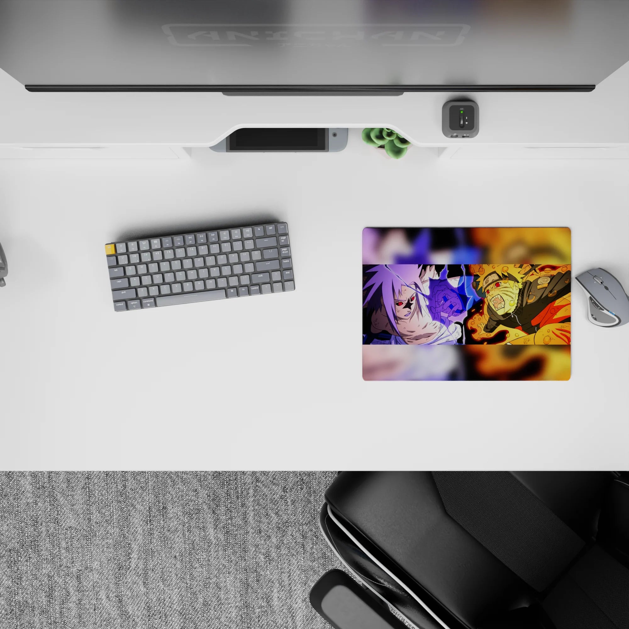 Neon orange chakra and purple lightning anime mouse pad 14x10 inches, intense hype desk vibe.