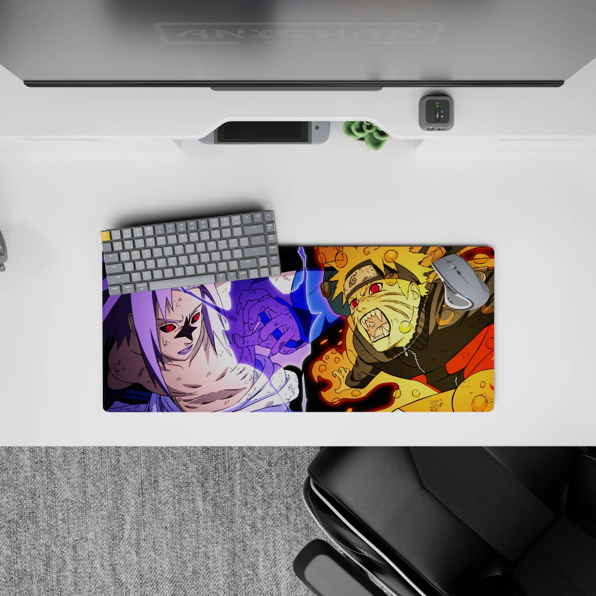 28x12 inches anime mouse pad in fiery orange chakra and purple lightning, intense high-energy battle vibe.