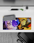 28x12 inches anime mouse pad in fiery orange chakra and purple lightning, intense high-energy battle vibe.