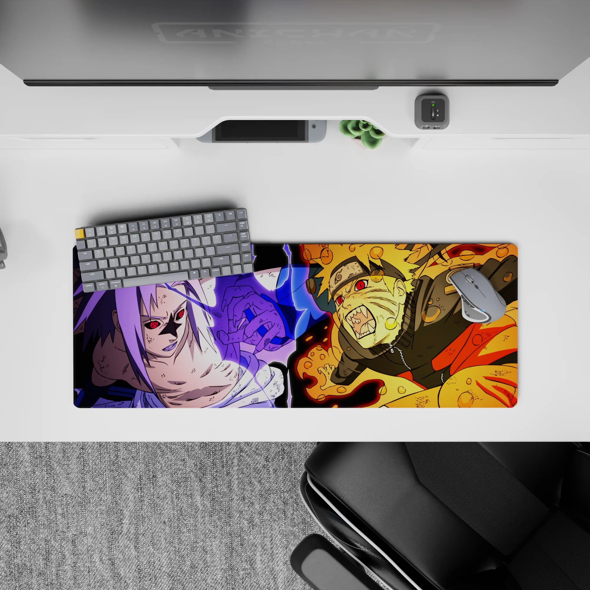 32x12 inches anime mouse pad with hot orange chakra splashes and purple lightning, intense hype vibe.