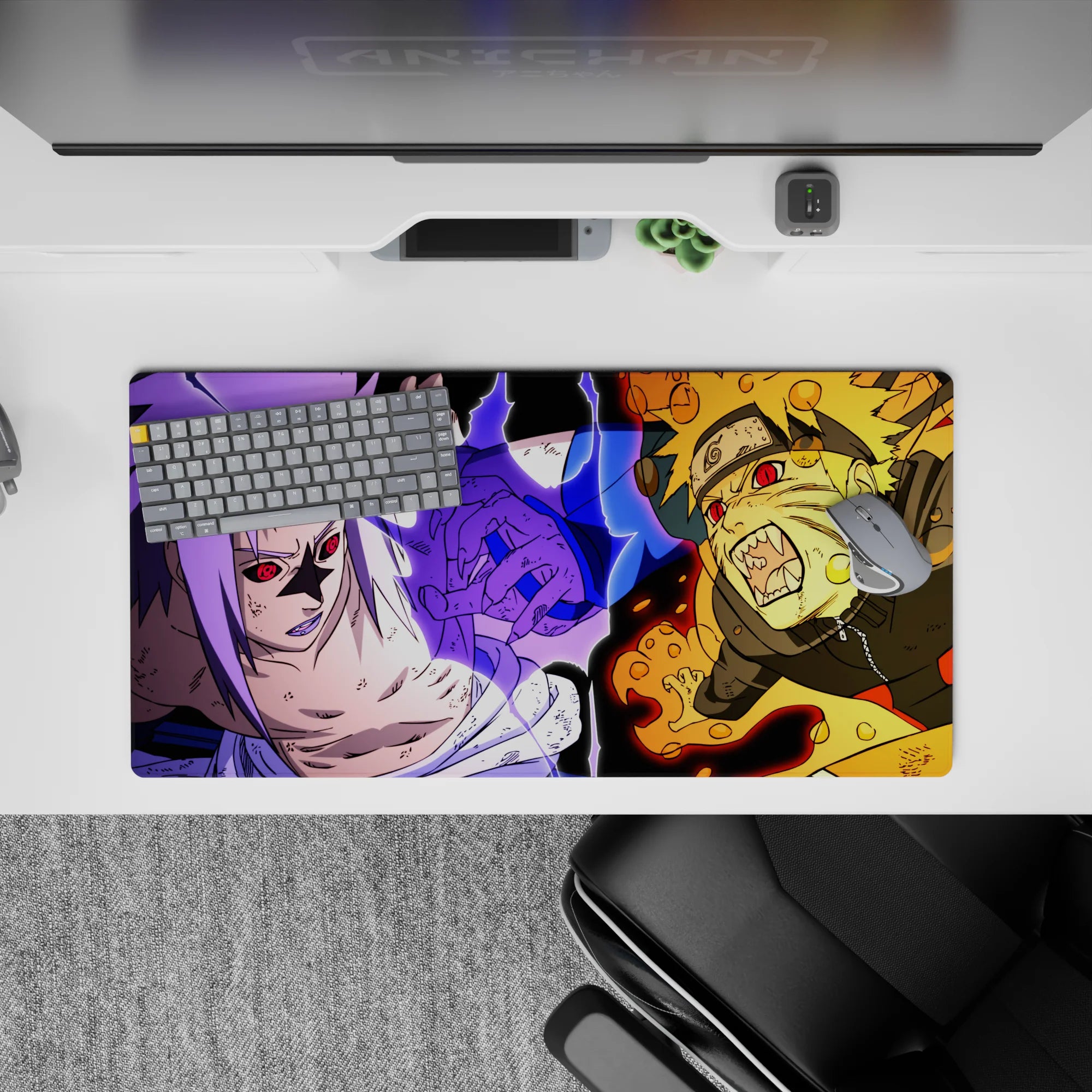 32x16 inches anime mouse pad in hot orange chakra and purple lightning, intense hype gaming vibe.