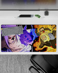 32x16 inches anime mouse pad in hot orange chakra and purple lightning, intense hype gaming vibe.