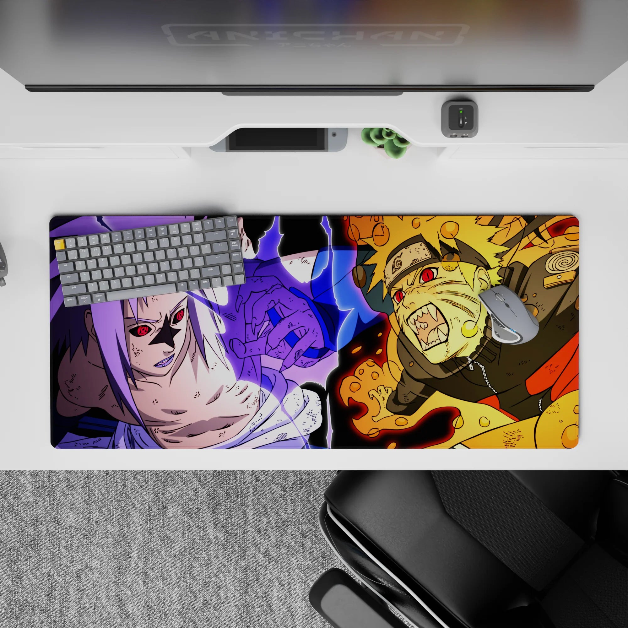 36x16 inches anime desk pad with hot orange chakra, purple lightning, and intense high-energy vibe.