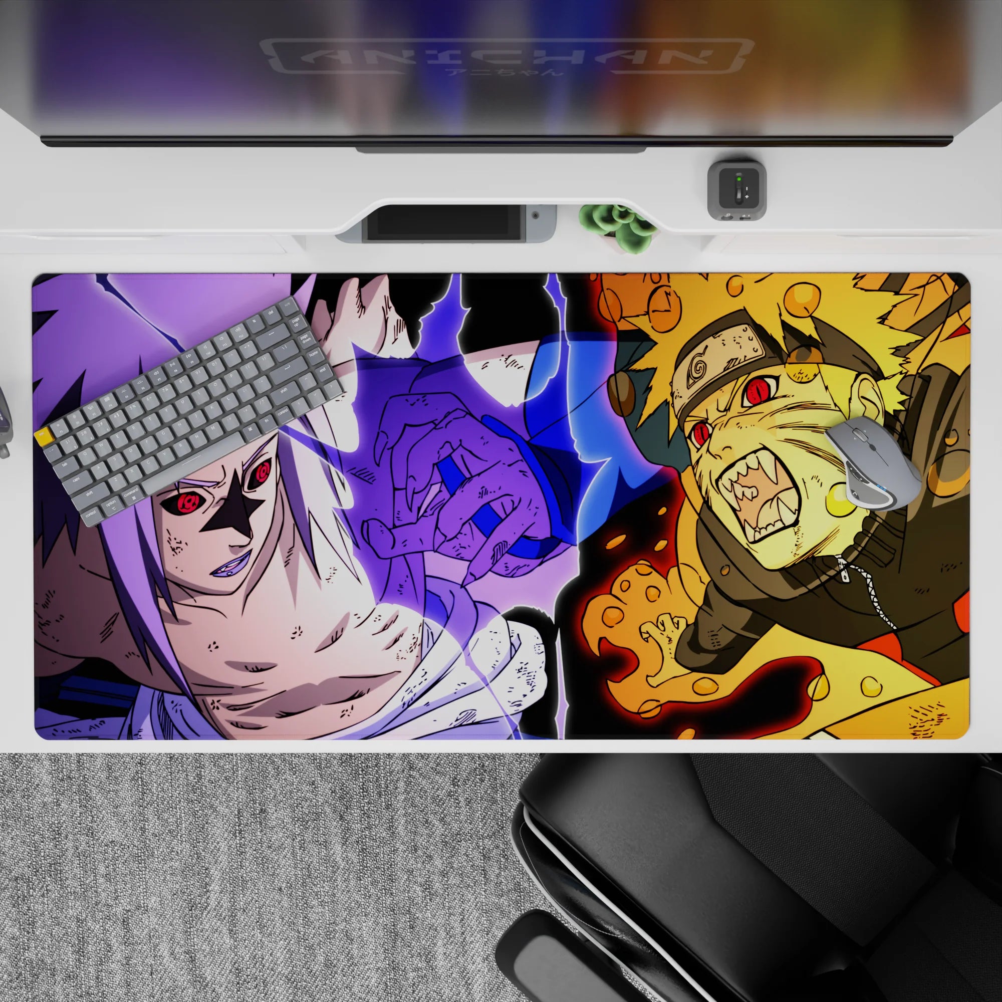 40x20 inches anime desk pad with purple lightning, hot orange chakra splashes, intense high-energy vibe.
