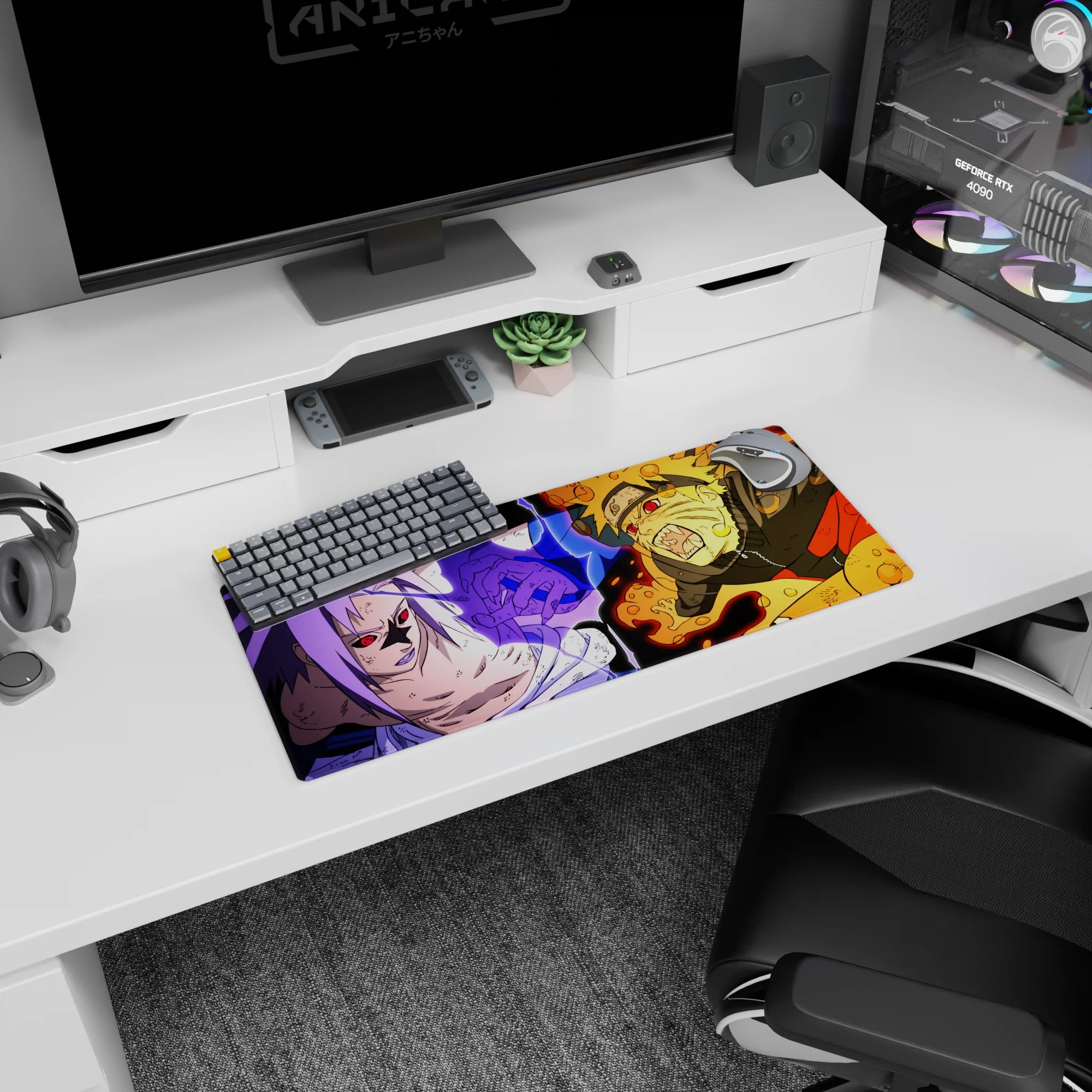 28x12 inches Naruto Shippuden mouse pad showing Kurama-rage Naruto facing Sasuke with red Sharingan.