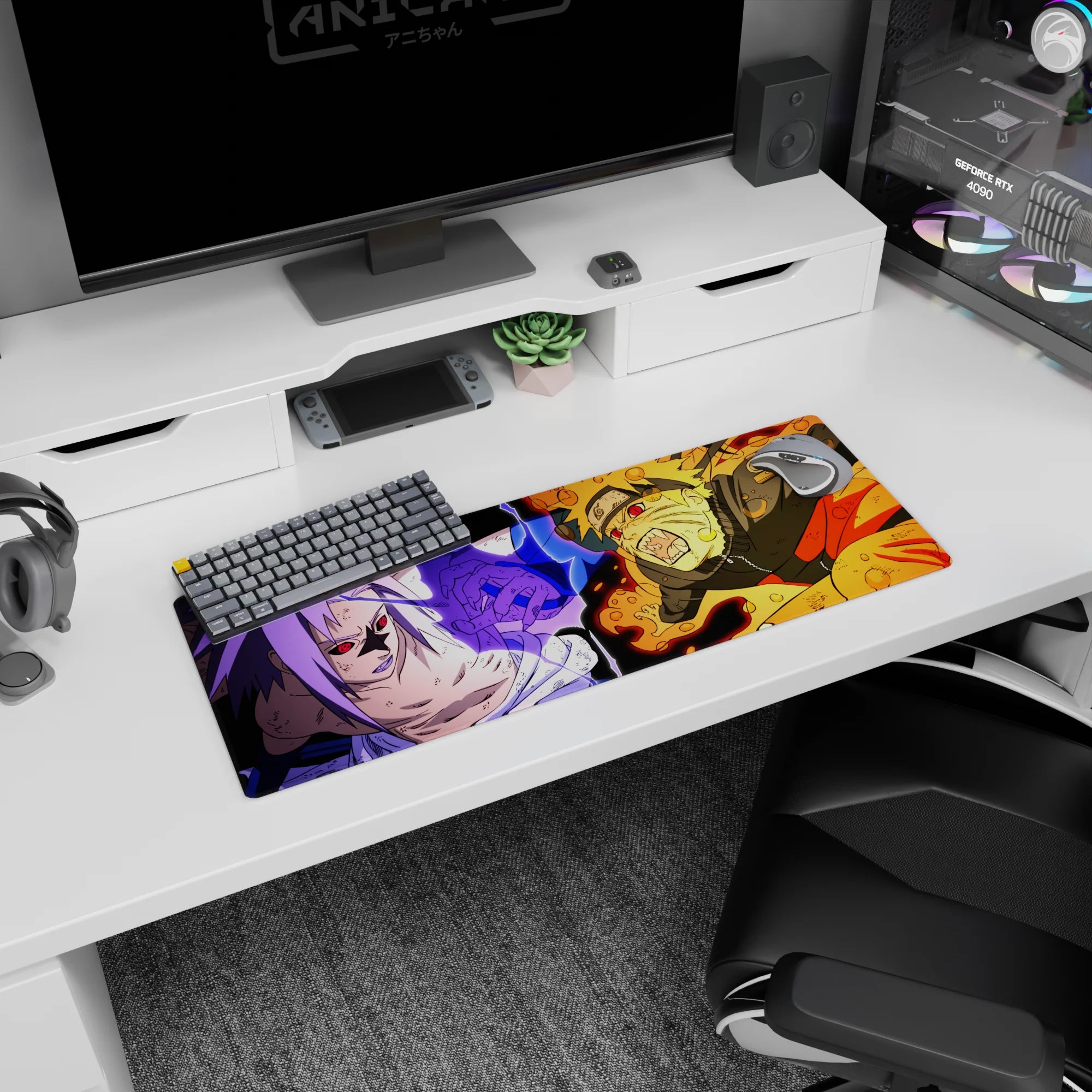32x12 inches Naruto Shippuden mouse pad, Kurama rage Naruto faces Sharingan Sasuke in a clash.
