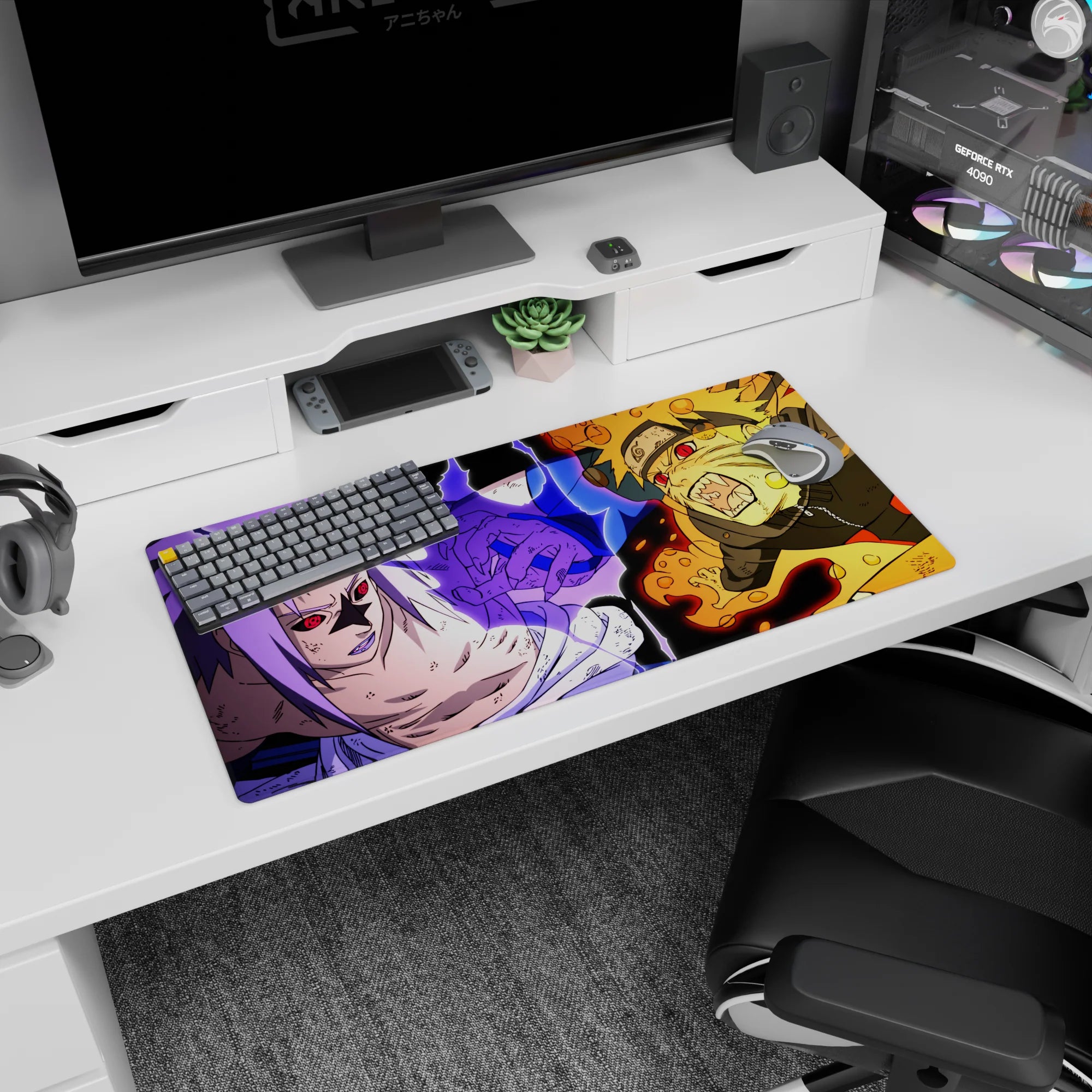 32x16 inches Naruto Shippuden mouse pad showing Kurama rage Naruto facing Sasuke’s red Sharingan.